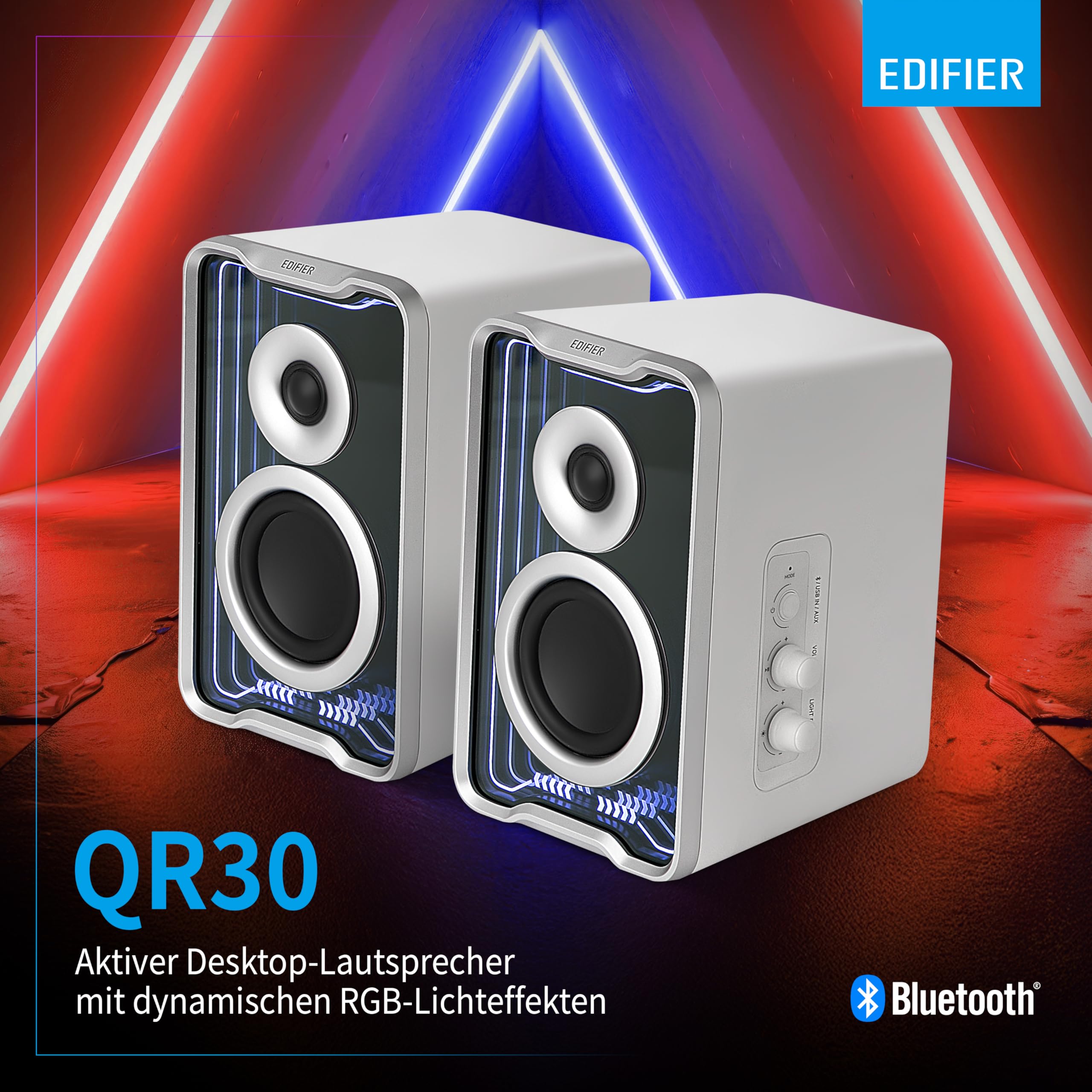 Edifier QR30 Aktiver Desktop-Lautsprecher mit Bluetooth V5.4, dynamische Lichteffekte, 30 Watt RMS – Weiß