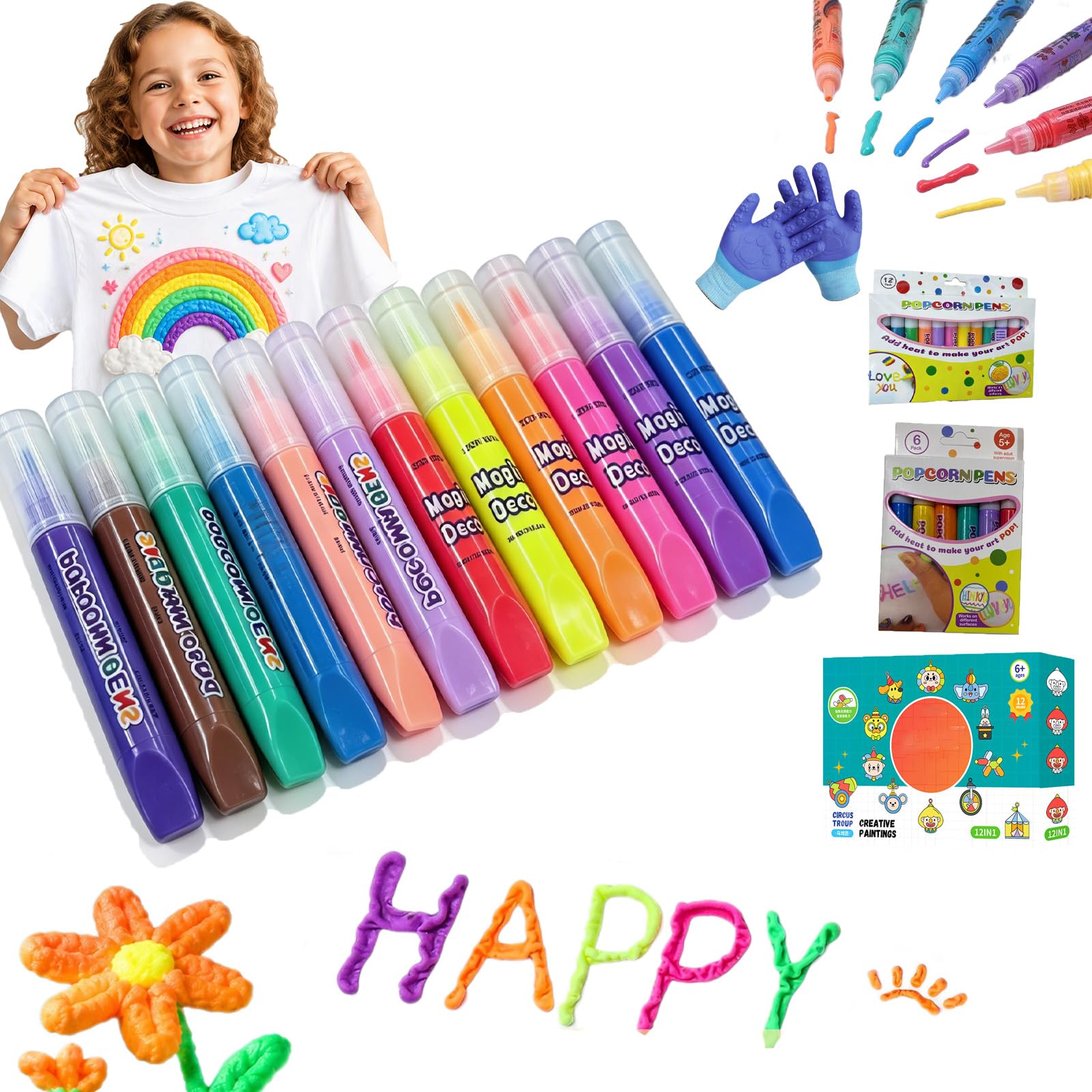 Popcorn Pens for Kids, Heat Activated 3D Puffy Paint for Crafts (12 COLOR)