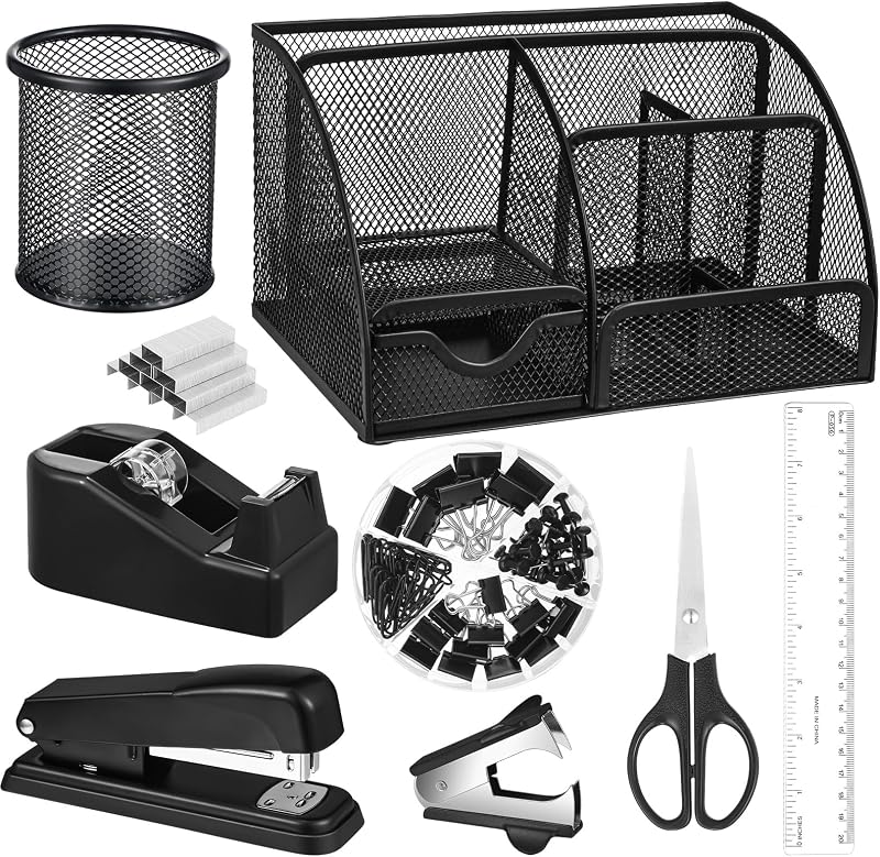 Black Desk Organizer and Accessories, Black Desk Asccessories Office Supply Kit Include Mesh Desktop Organizer Stapler 1000 Staples Tape Dispenser Pen Holder Staple Remover Clips Ruler Scissors