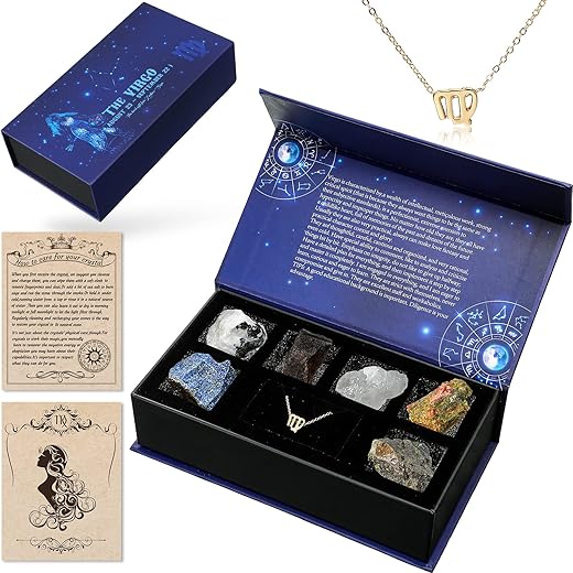 Junkin Virgo Crystals Christmas Gift Set, 6 Pieces Zodiac Sign Healing Virgo Crystals Birthstones with Necklace Horoscope Box Set, Spiritual Gifts for Daughter Wife Sisters Friends