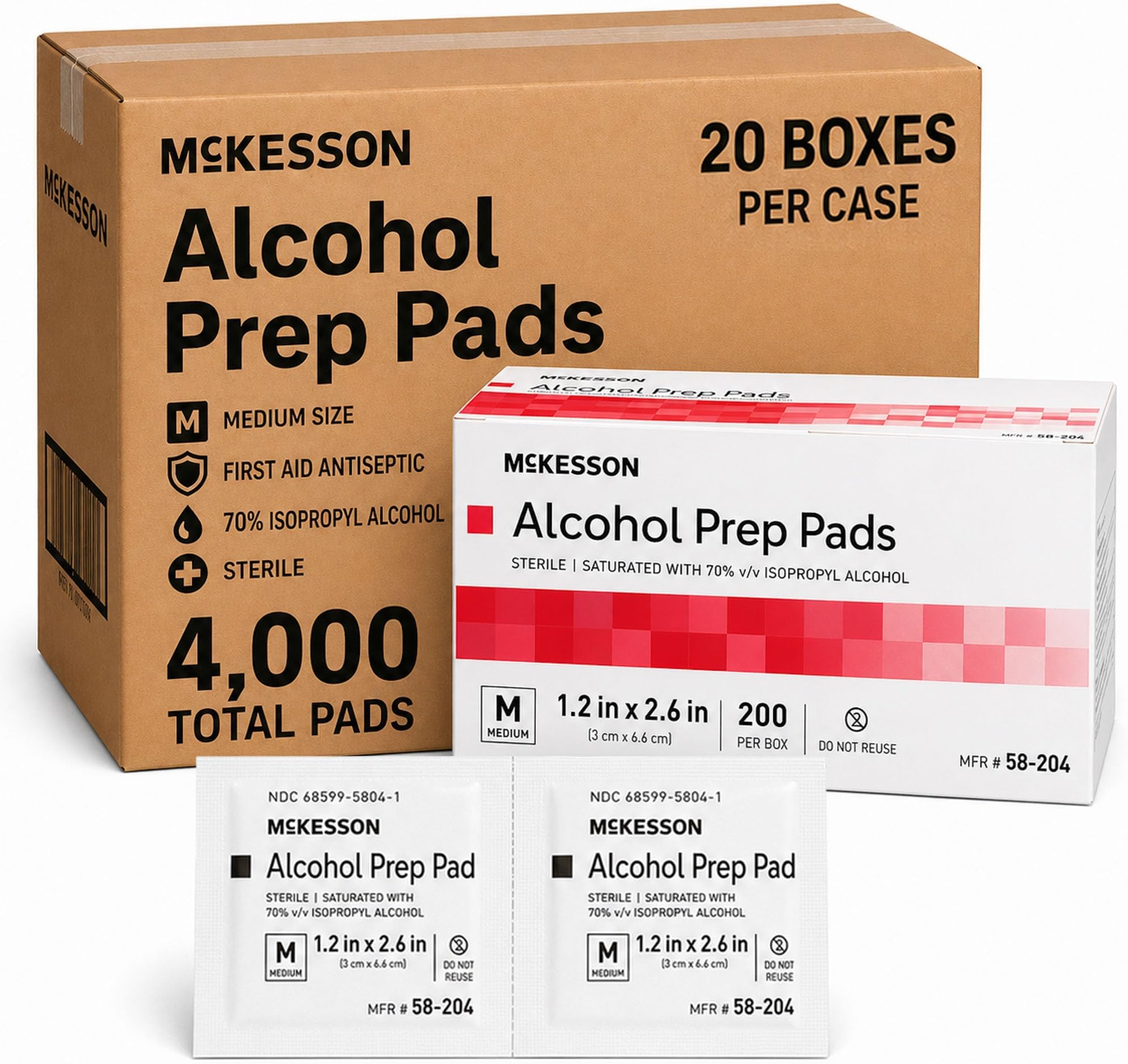 McKesson Alcohol Prep Pads, (4,000 Count) - Sterile, Individually Wrapped Wipes, 70% Isopropyl Alcohol, Medium Size, 2-Ply, Medical Grade, First Aid, 20 Boxes