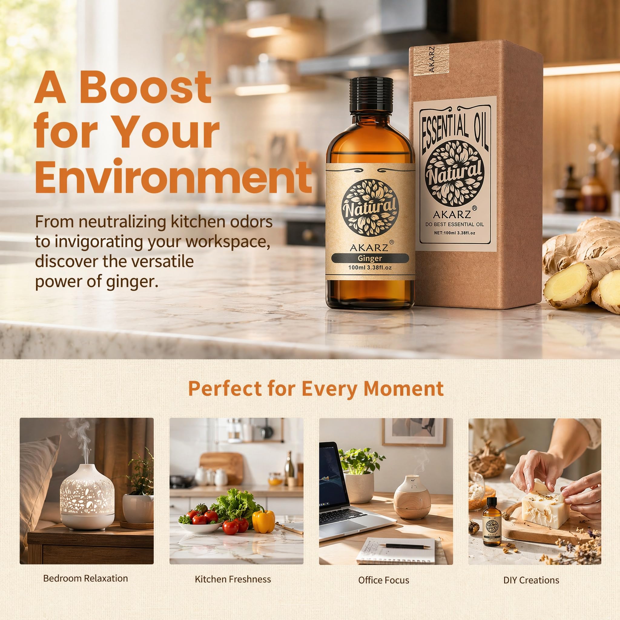 AKARZ 100ml Olejek esencjny z Imbiru - Naturalny olejek aromatyczny do dyfuzorów, lamp aromatycznych i aromatów pomieszczeń
