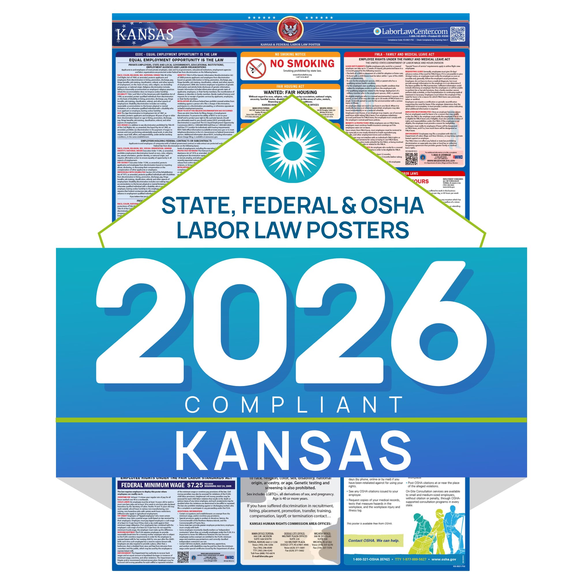Kansas 2026 Labor Law Poster – State & Federal Compliance – OSHA, EEOC, FMLA, Minimum Wage – Durable, Laminated & Waterproof Workplace Employment