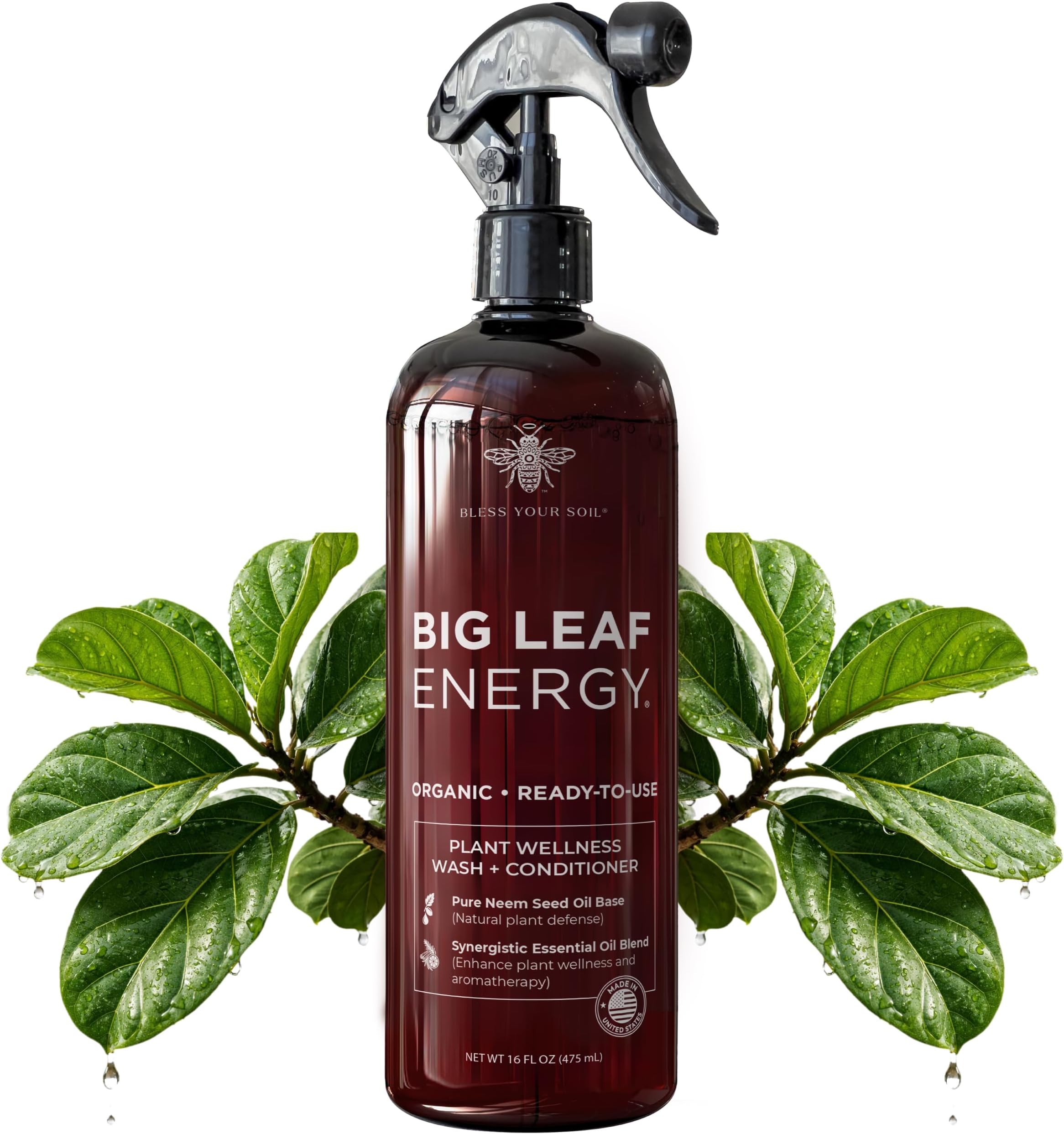 BLESS YOUR SOIL Big Leaf Energy : Plastic Bottle : Wellness Spray for Indoor Plants : Natural Leaf Shine & Protect with Organic Neem & Essential Oils (16OZ)