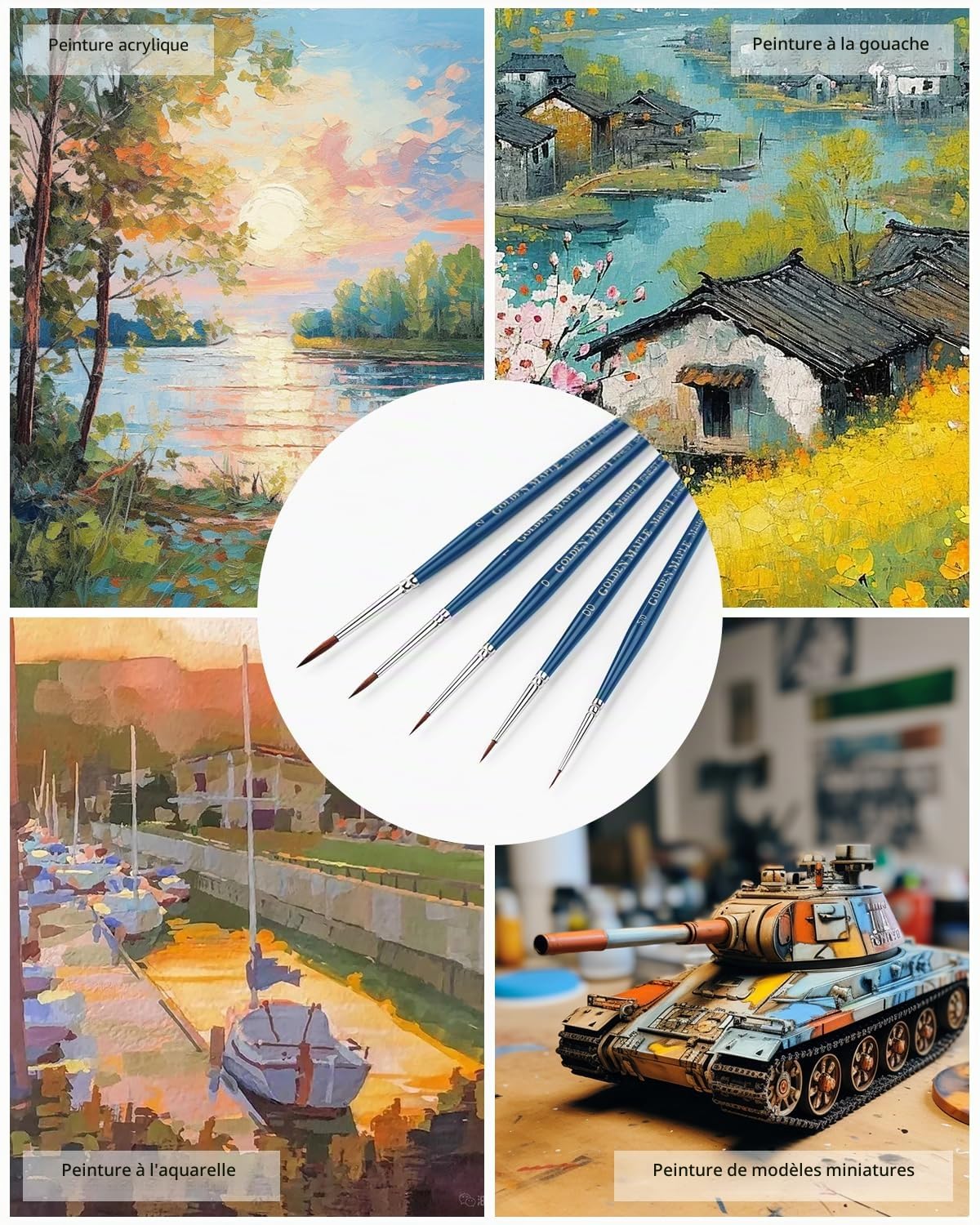 Golden Maple Kolinsky Sable Brush Lot de 5 pinceaux ronds pour aquarelle N° 2, 1, 0, 2/0, 5/0 - Idéal pour les figurines miniatures, l'aquarelle