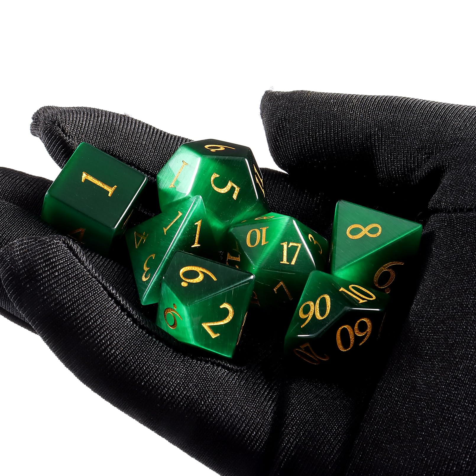 Jeu de dés en pierre précieuse œil de chat, 7 pièces avec boîte, utilisés pour les jeux de dés Donjon et Dragon D4, D6, D8, D10, D12, D20 (œil de chat vert)