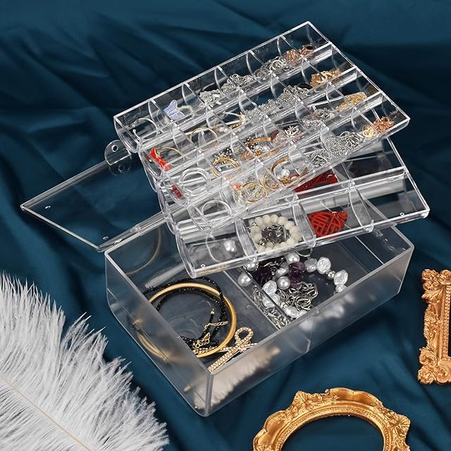 ATOMUS 3 layers Jewellery Organisers Boxes with Dustproof Cover Acrylic Transparent Women's Jewellery Box for Ring Earring Bracelets Hair Clips 38slots