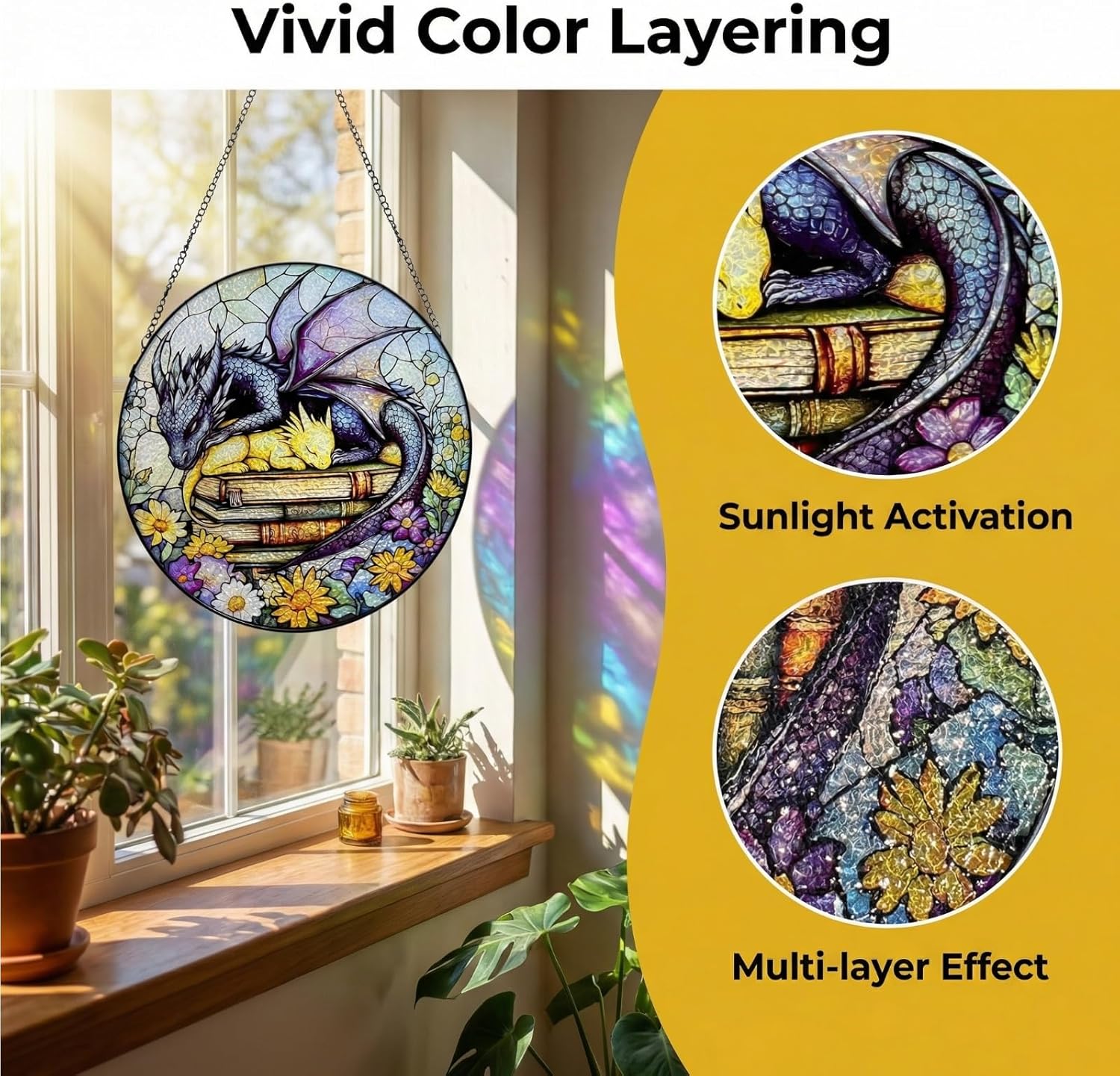 Dragon Stained Glass Window Hanging,9.8 Inch Sun Catchers Indoor Window,Suncatchers for Windows Hanging,Room Decor,Dragon Gifts for Women