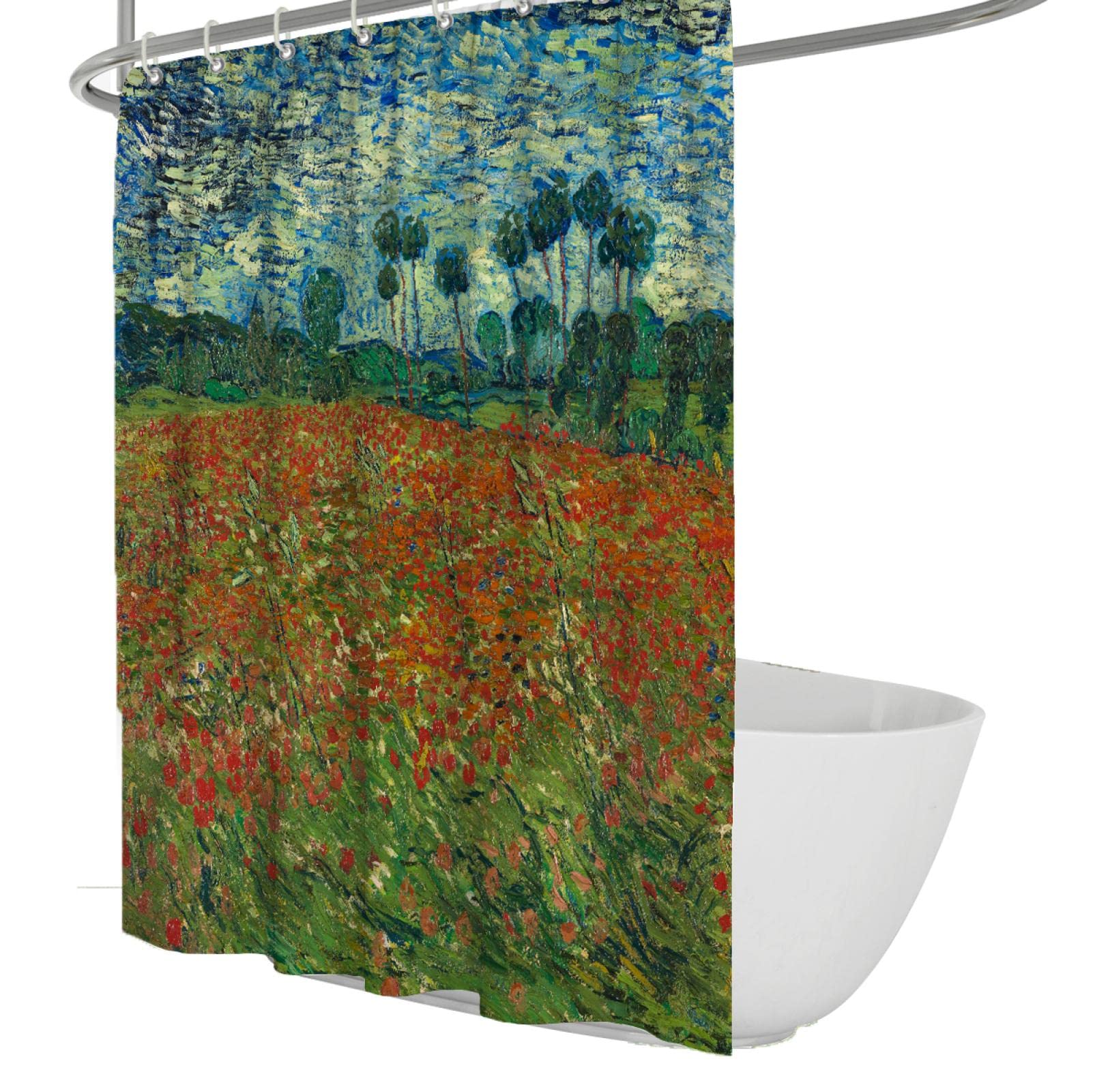 Duschvorhang Gartenduschvorhang Rot Blume Helle einzigartige Landschaft Blauer Stoffduschvorhang für Badezimmer mit Haken W150xL180cm