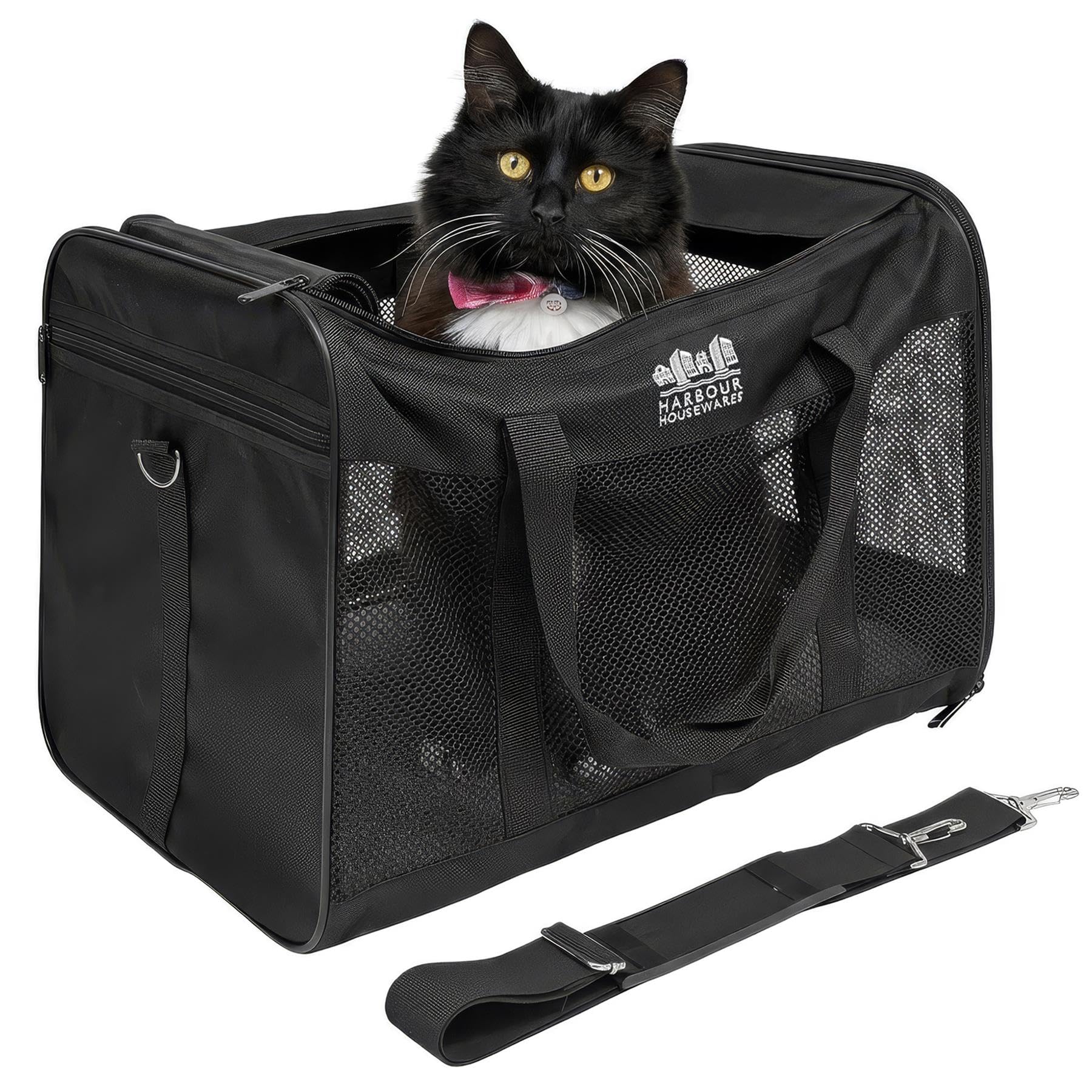 Harbour Housewares Foldable Cat Carrier Bag - Large Soft Pet Travel Carrier with Shoulder Strap & Removable Fleece Mat, Portable Collapsible Cat, Kitten, Puppy & Small Dog Carry Crate for Vet Visits