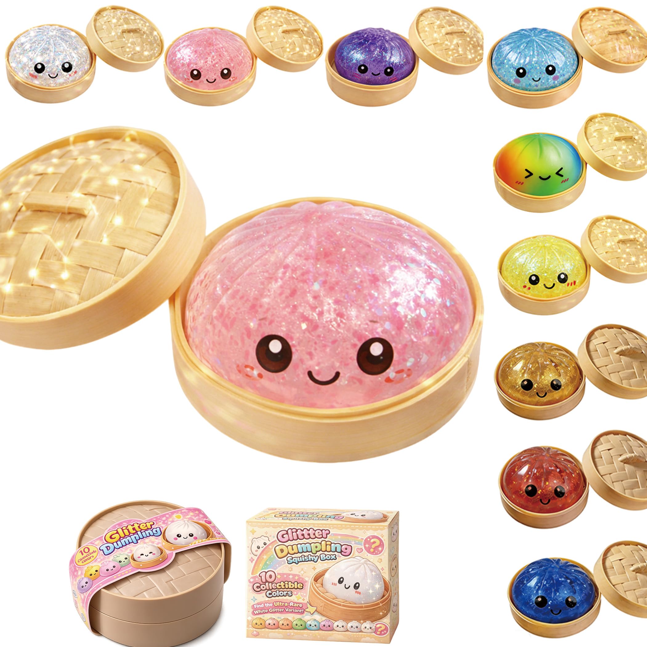 Dumplings Squishy, Glitter Dumpling Squishy, Squishiest Bun Dumplings with Steamer Box, Stress & Anxiety Relief Toys for Kids & Adults Non-Edible (Pink)