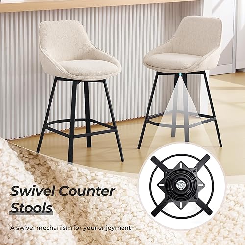 Miniatura 3 de Flouki Juego de 2 taburetes giratorios para mostrador, taburetes de bar tapizados para isla de cocina, sillas de bar modernas de tela de lino, base