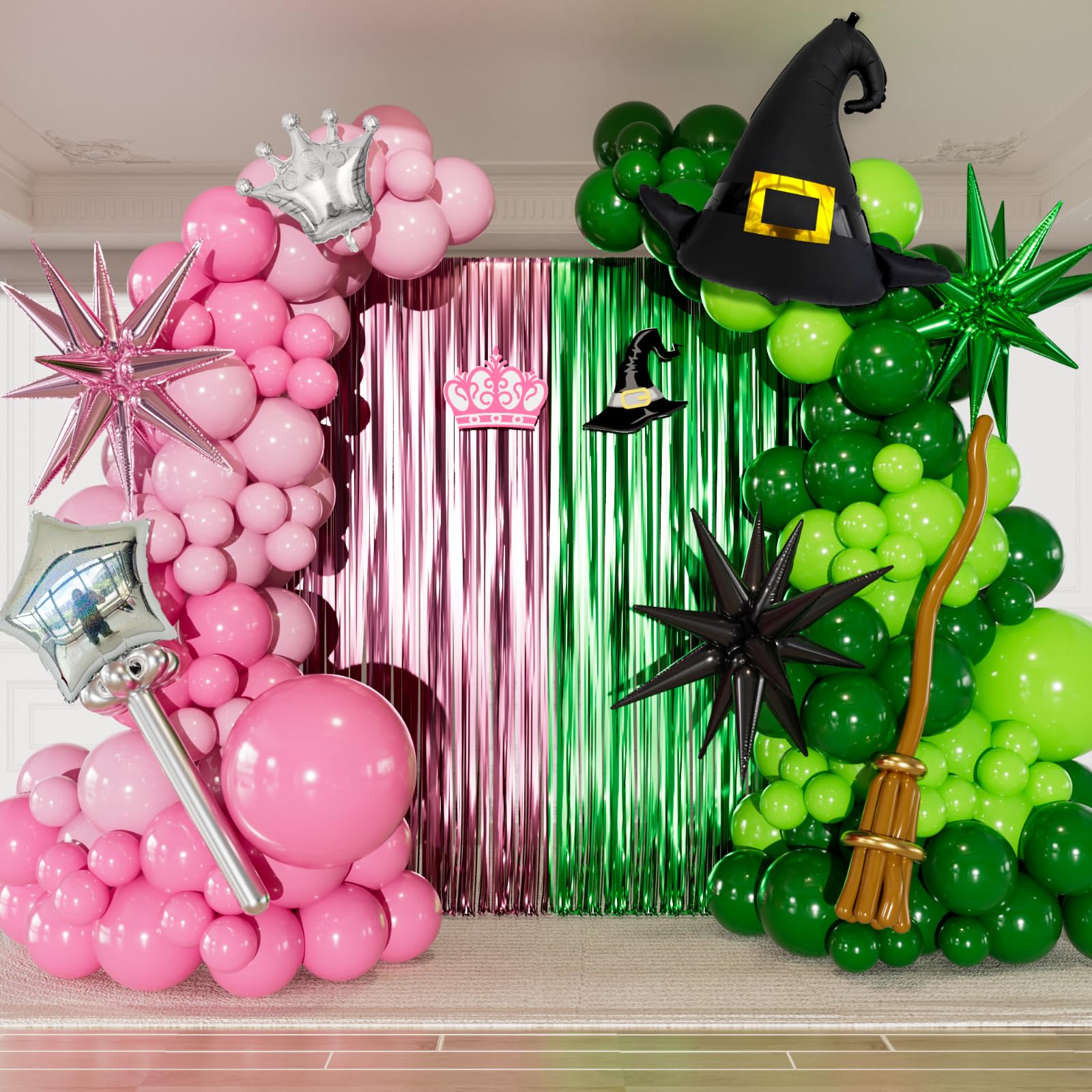 Adeyoo Pink and Green Balloons Arch Kit - Witch Balloon Arch Kit, Multi-Size Pink and Green Balloons with Foil Fringe Curtains Witch Hat Crown Explosion Star Broom Balloon for Birthday Party Decor