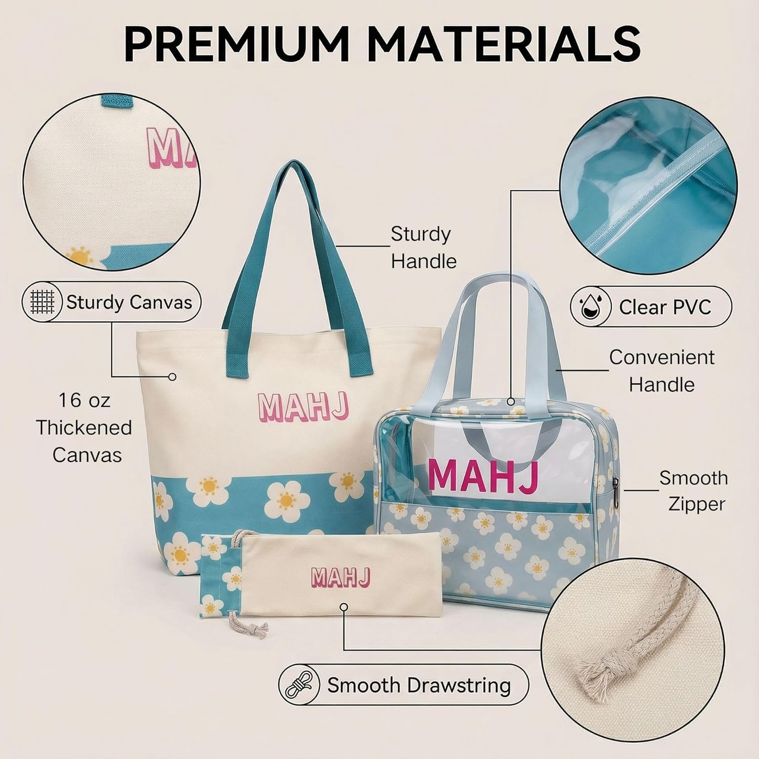 3 Pcs Mahjong Bag Set Thickened Canvas with Lining, Mahjong Tiles Bag Waterproof with Zipper, Carring Case Travel-Friendly, 18” Rack & Pusher Drawstring Bag, American Mahjong Accessory Gift