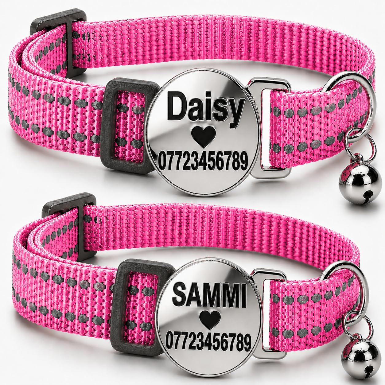 2 Pack Personalised Cat Collar with Name & Phone Number, Breakaway Safety Buckle, Reflective Adjustable Kitten to Adult (Pink)