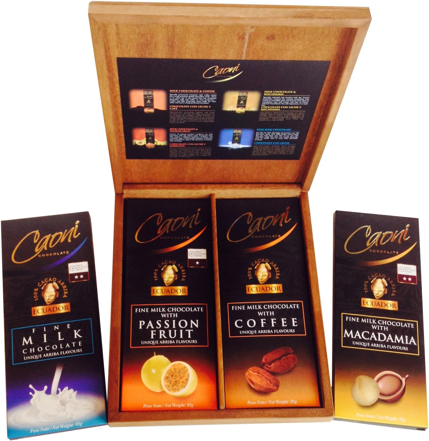 Gourmet Caoni Milk Chocolate Bars From Ecuador, 4 Flavor Variety Assortment, Premium Wood Gift Box Set (Large - 85 Gram/3 Oz Bars)