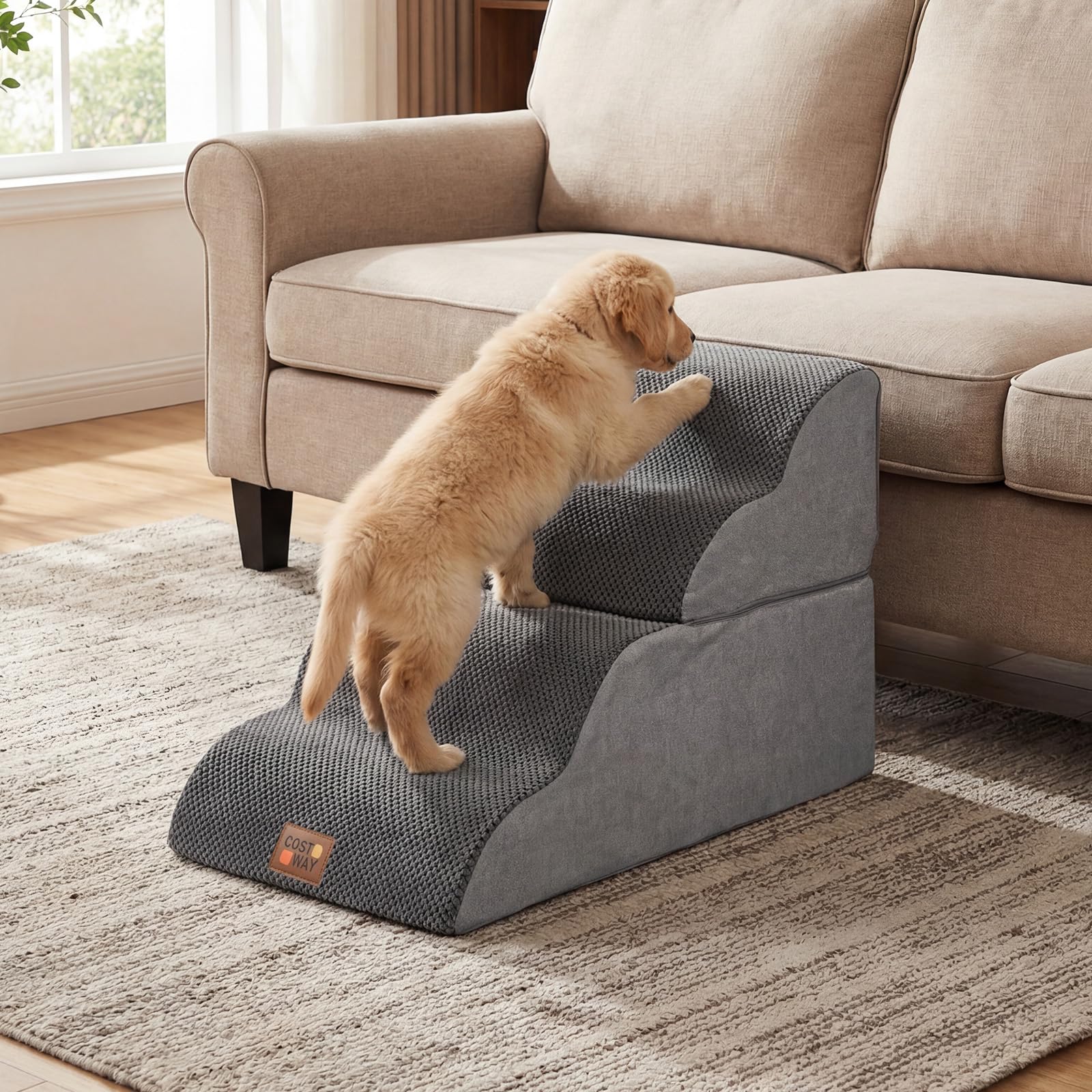 COSTWAY Scaletta per Cani a 4 Gradini Altezza 50 cm, Scala Cane in Spugna per Salire Letti Alti, Divani e Poltrone con Fondo Antiscivolo, Copertura Lavabile, Scala per Cani e Gatti (73 x 40,5 x 50 cm)