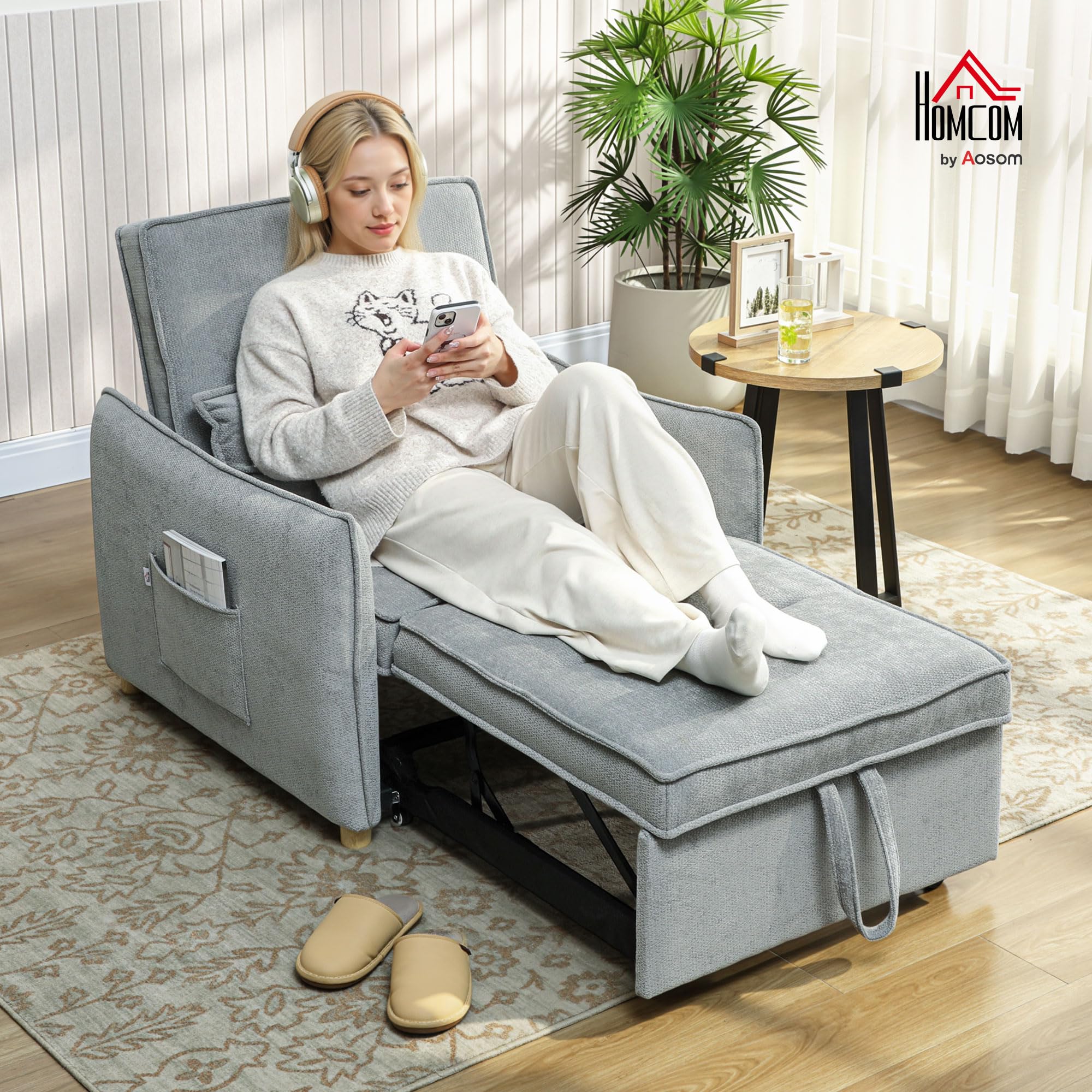 HOMCOM Fauteuil Convertible 1 Place 3 en 1, Fauteuil-lit clic-clac en Chenille avec Assise Large, Dossier réglable, Oreiller et Poches latérales, canapé-lit pour invités, Salon, Petits espaces, Gris