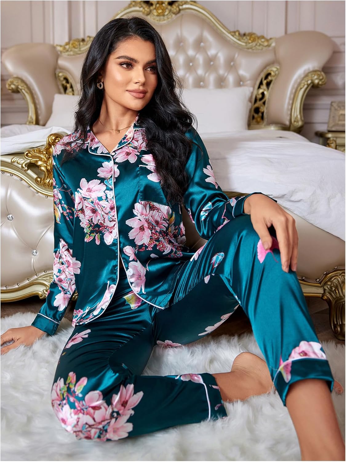 WDIRARA Women's Satin 2 Piece Pajama Sets Long Sleeve Pants Button Down Sleepwear - Image 3
