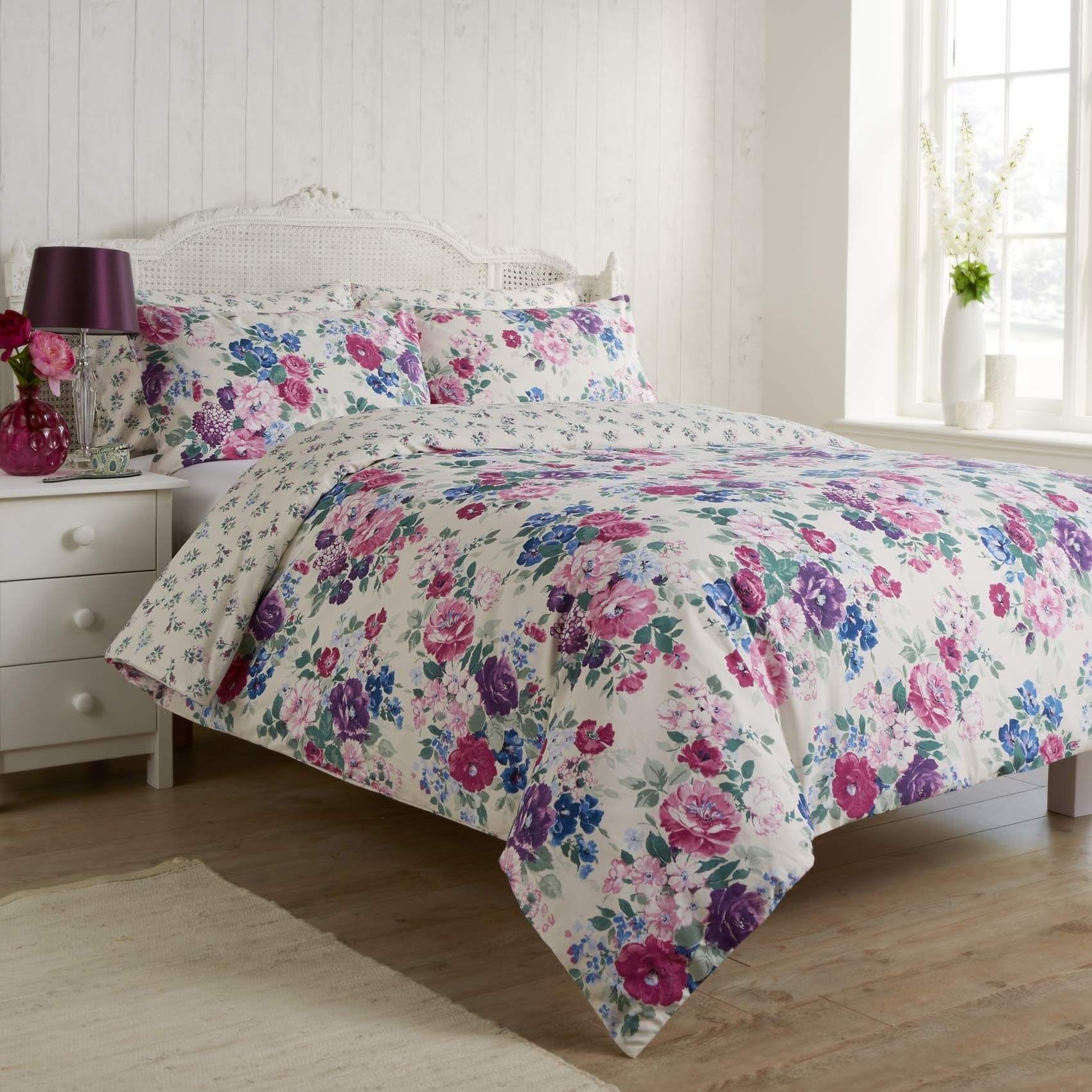 VANTONA Jenna Floral Bedding Duvet Cover Pillowcase Set 180 Thread Count - Multi - King Size Duvet Cover Set (2x Pillowcase)