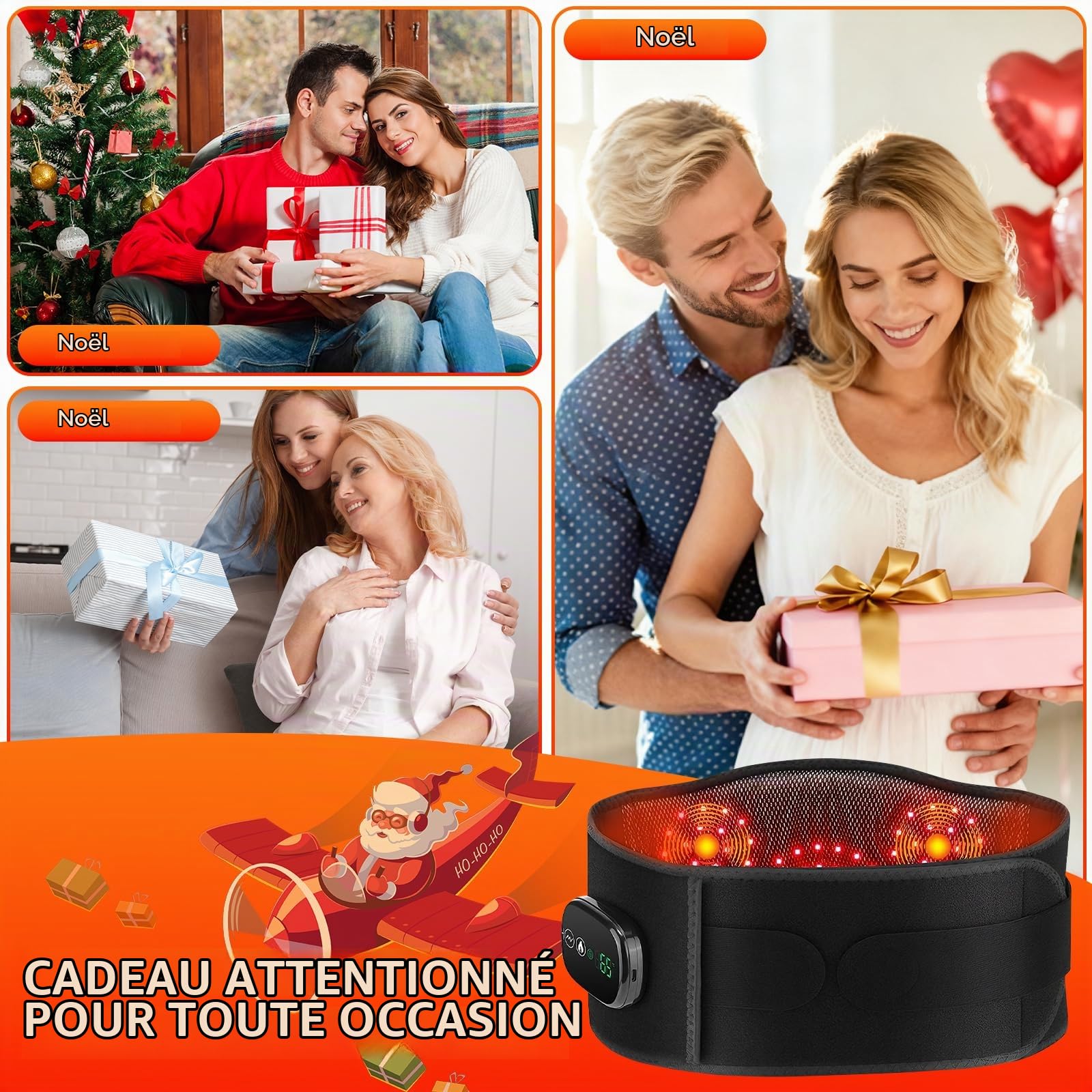 Ceinture chauffante sans fil pour le dos, soulage les douleurs au niveau du dos, du ventre, cinq niveaux de température, cinq modes, batterie 5000 mAh, arrêt automatique, écran tactile, cadeau (noir)