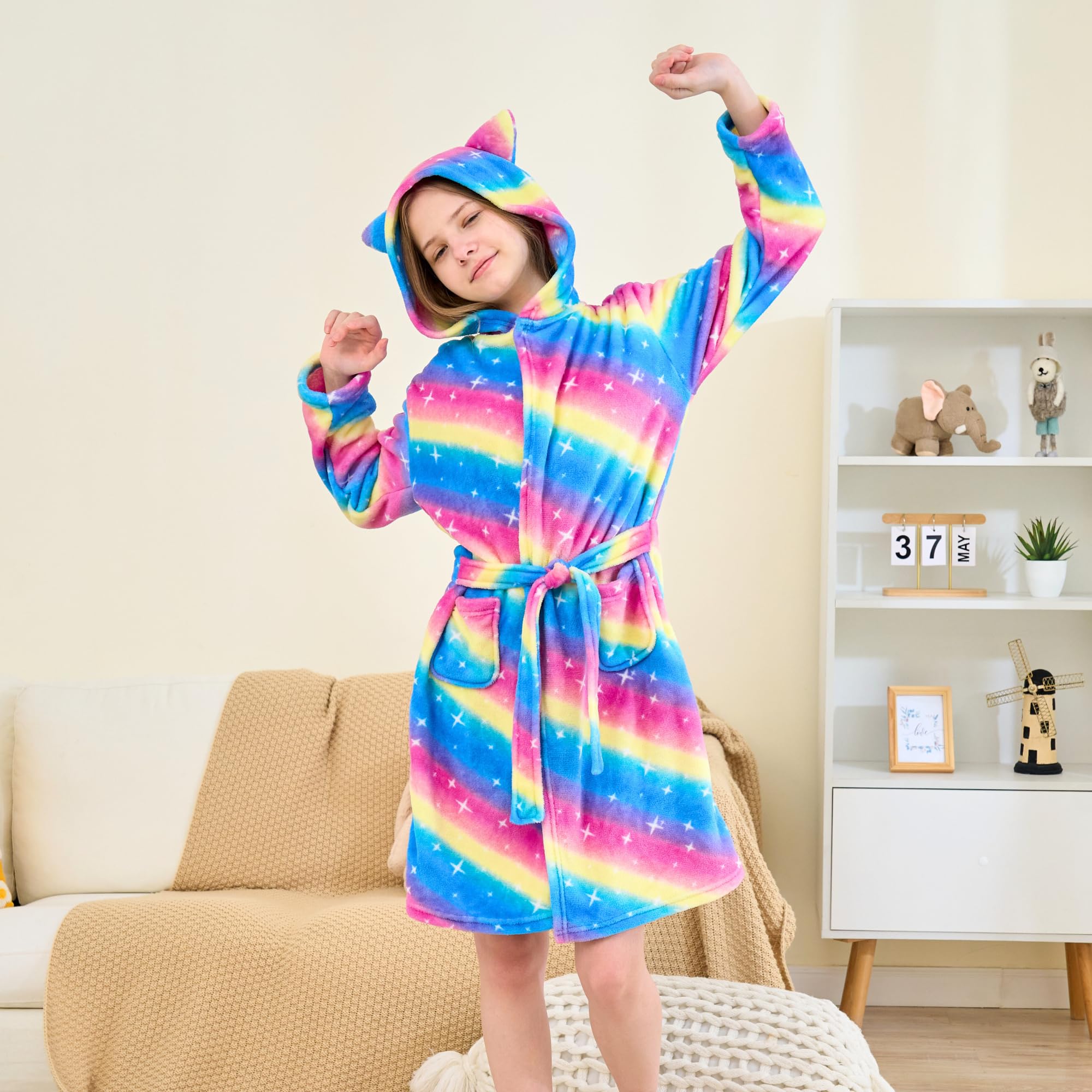 Bata de Baño para Niñas Albornoz de Felpa Suave con Capucha y Orejas de Gato