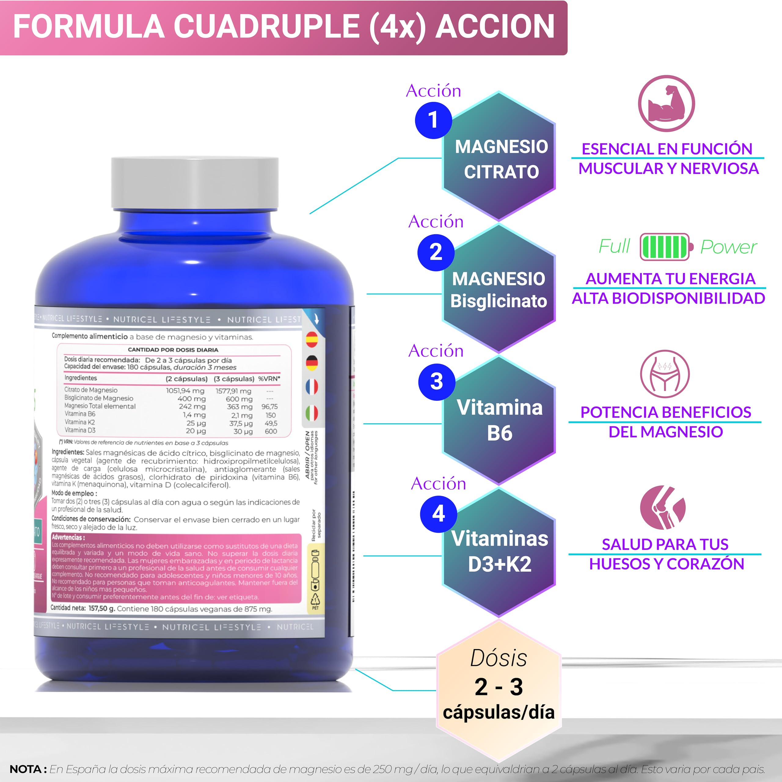 Magnésium Bisglycinate + Citrate - 2177mg - Vitamine B6, D3 et K2 | Fatigue | Magnesium Bisglycinate et Magnesium citrate | jusqu’à 4 mois | 180 Gélules Végétalien (Lot de 2)