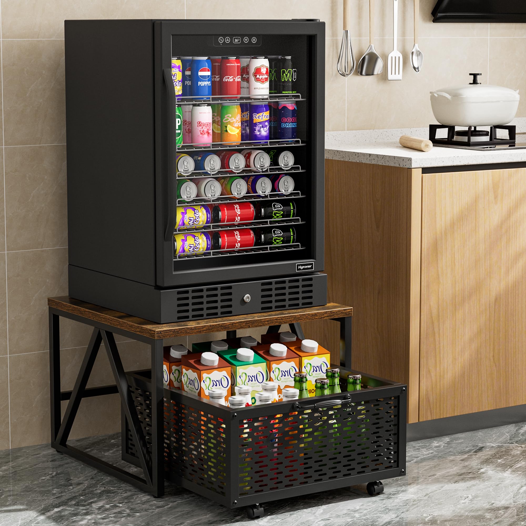 Urban Deco Mini Fridge Stand with Storage, Heavy Duty Fridge Cart with Drawer Basket, Mini Refrigerator Table for 220 LBS, Mobile Fridge Stand with Swivel Wheels for Dorm,Office,Home, Retro Brown — image 1