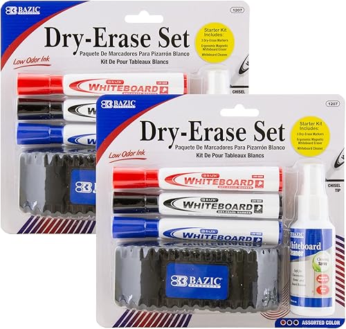 BAZIC - Juego de borrado en seco, marcador + borrador de pizarra + limpiador, marcadores de punta de cincel de bajo olor, bolígrafo de pizarra