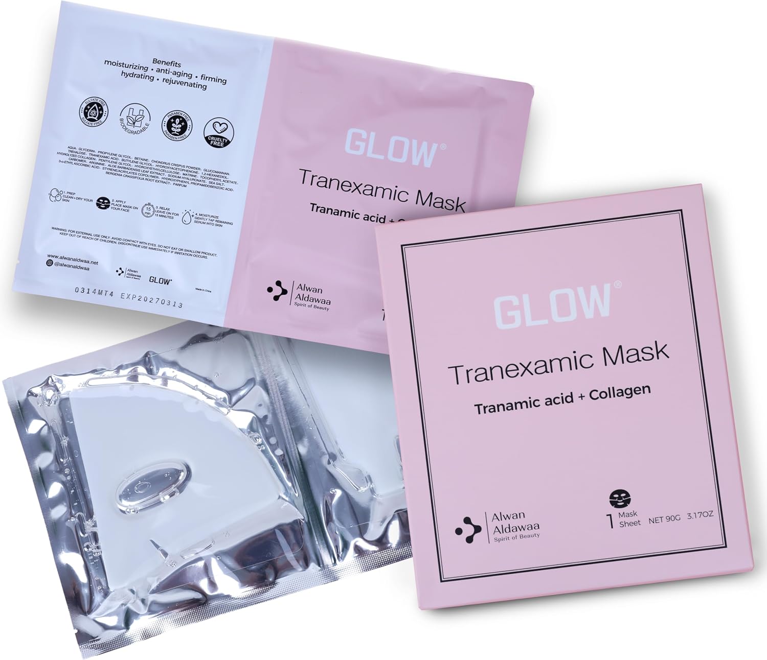 GLOW Tranexamic Acid & Collagen Face Sheet Mask – Moisturising, Anti-Ageing, Firming, Hydrating, Cruelty-Free (1 Sheet Mask)