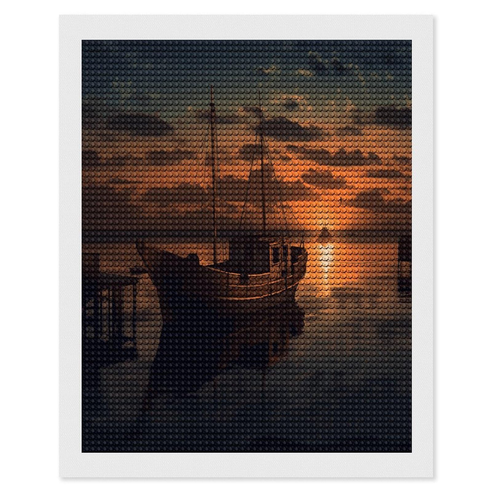FekiLoot Boat at Dusk Paint by Numbers Kit for Adults Beginner DIY Diamond Dots Paintings Round Full Drill Diamond Art Kits Picture Diamond Art Painting Kits for Home Decor 16"x20"