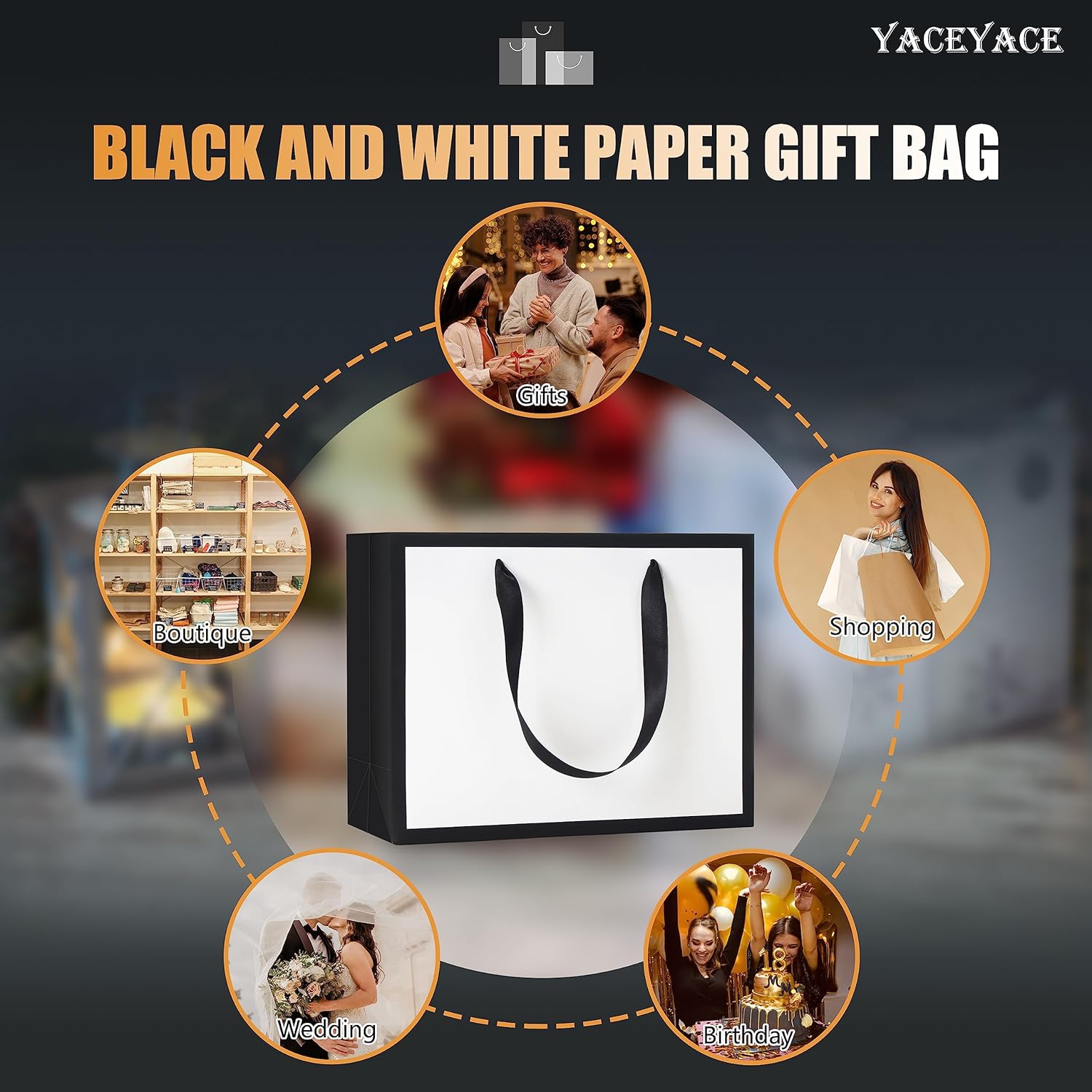 YACEYACE Black and White Gift Bags - Bulk 10Pcs, Medium Boutique Bags with Handles for Wedding, Party, Birthday - Retail - Image 7