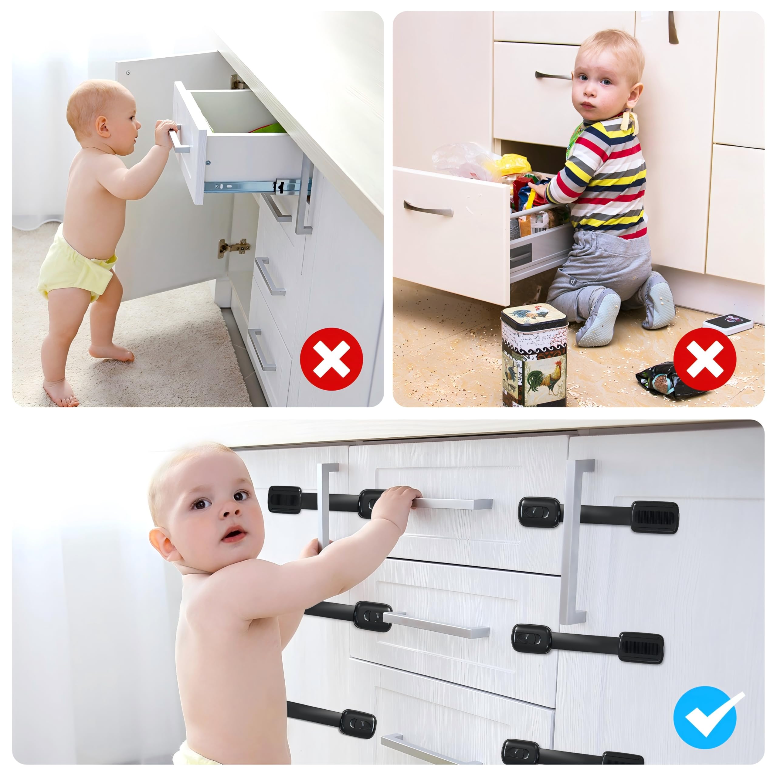 Bébé Sécurité Verrouillage, Lot de 8 Sécurité Placard Enfants Serrures avec adhésif 3M, Bébé Sécurité Serrures pour armoires, tiroirs, réfrigérateur, toilettes sans perçage (Noir)