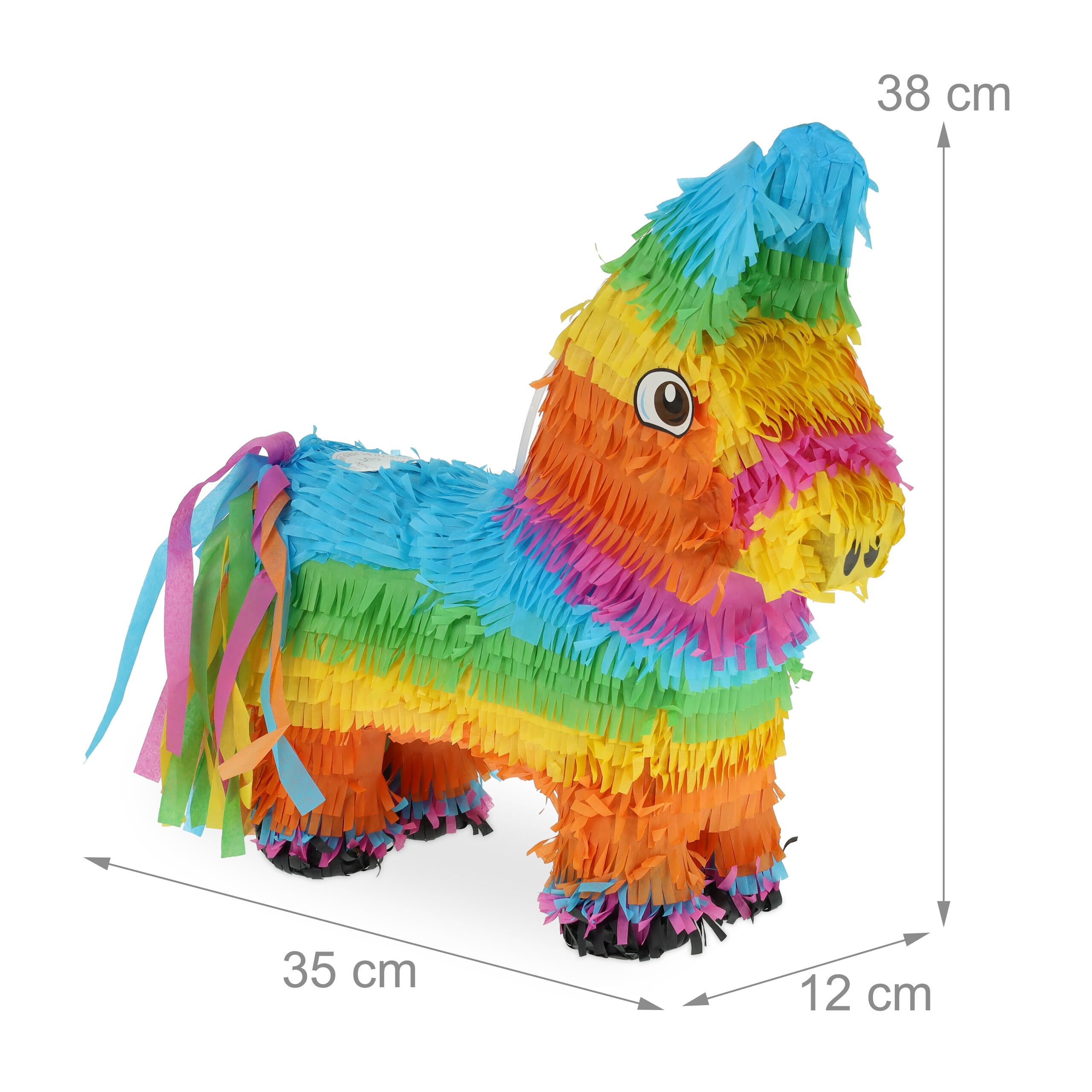 Relaxdays Pinata Esel con Bastone e Maschera, per Bambini, Compleanni, da riempire, 38x35x12 cm, Colorata