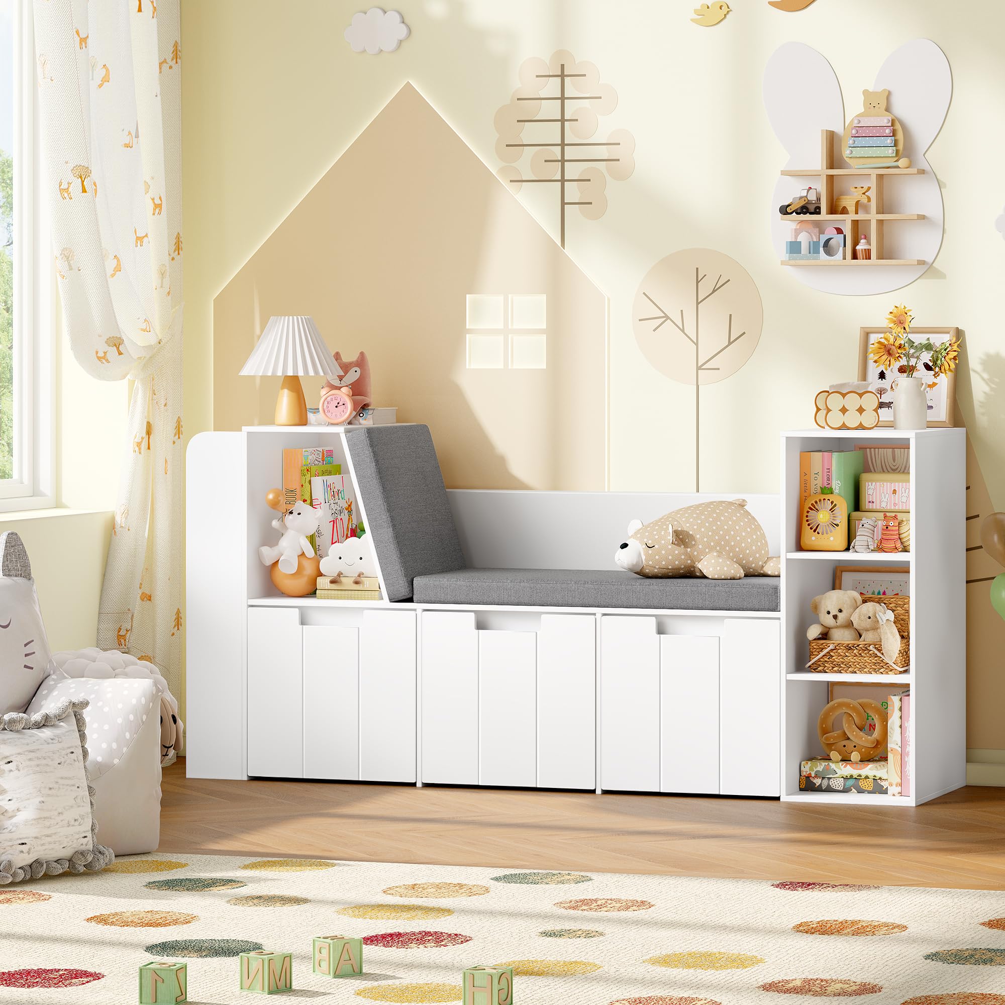 HOCSOK Kinderregal, 156 cm Bücherregal Kinder mit Sitzbank, Spielzeugregal Kinderzimmer Aufbewahrung mit Boxen auf Rollen, Kinderzimmer Regal Weiß, 80×38×156 cm