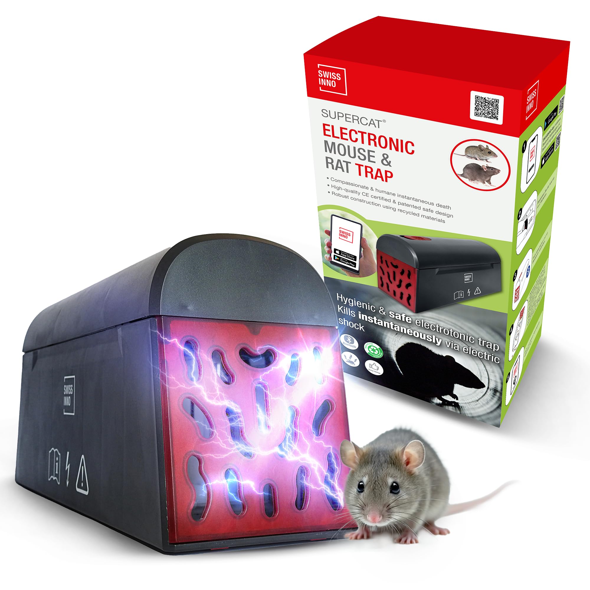 Electronic Mouse and Rat Trap SuperCat - Powerful Electric Shock - Smart Detection with Bluetooth Capture Alerts - Swiss Design - Durable and Reliable