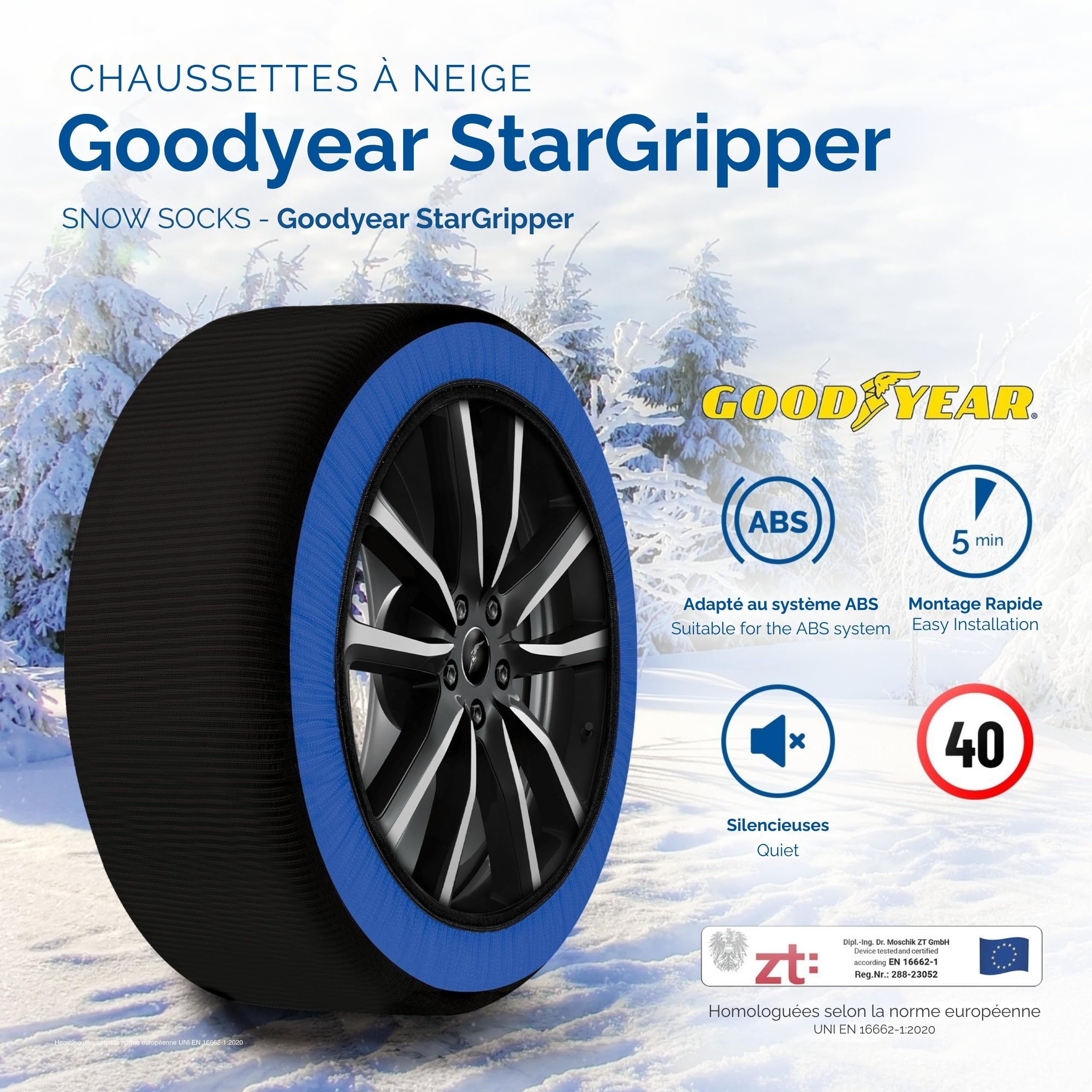Chaussettes de neige GoodYear Star Gripper homologuées Italie EN 16662-1:2020 Deux chaînes à neige en tissu pour voiture. Snow Sock Taille XL