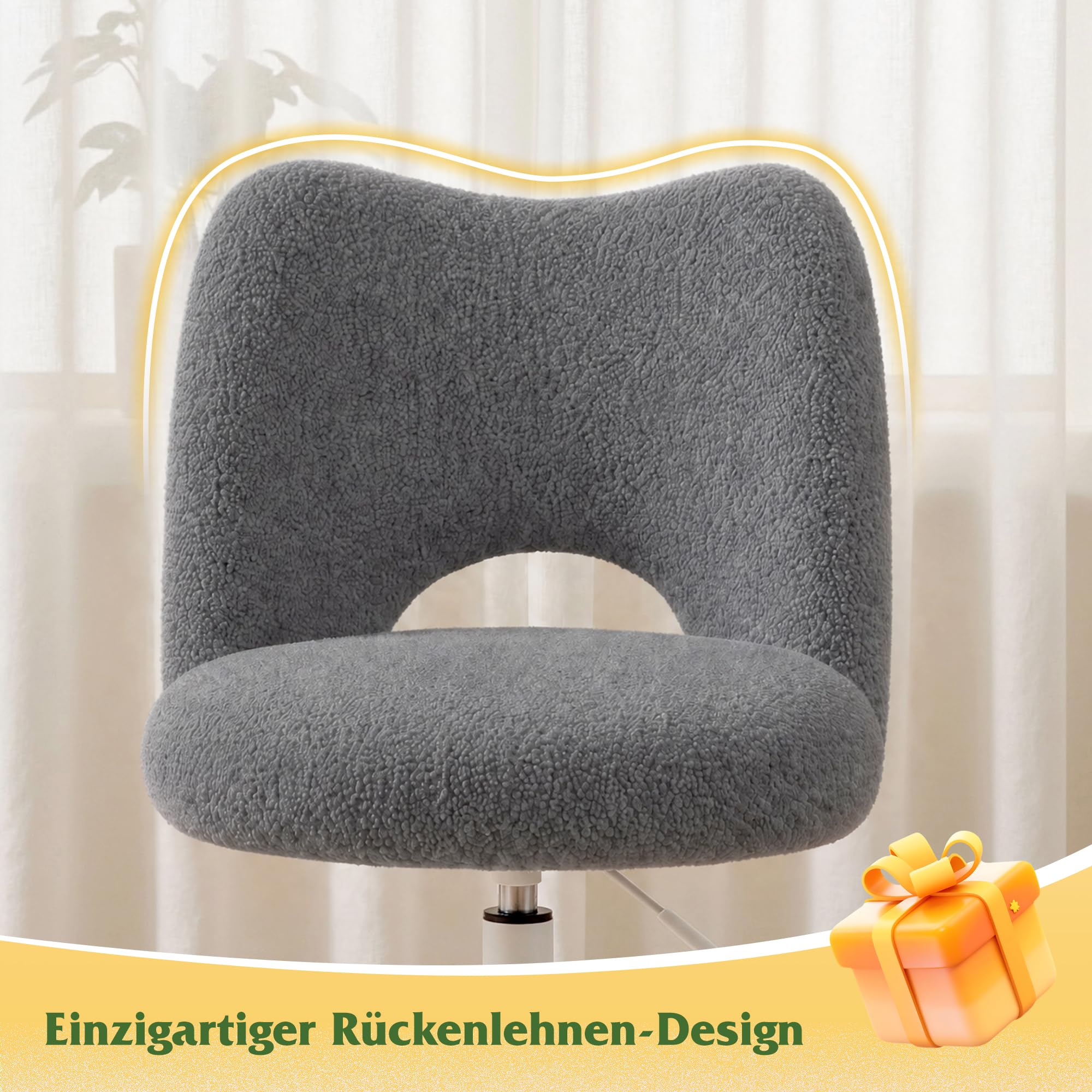 Teddy Schreibtischstuhl, 200kg Tragkraft, Höhenverstellbarer Schminktisch Stuhl mit Rollen, Atmungsaktiv & Weich, Bürostuhl zum Lernen, Homeoffice Stuhl, Schlafzimmer, Geschenk, Grau