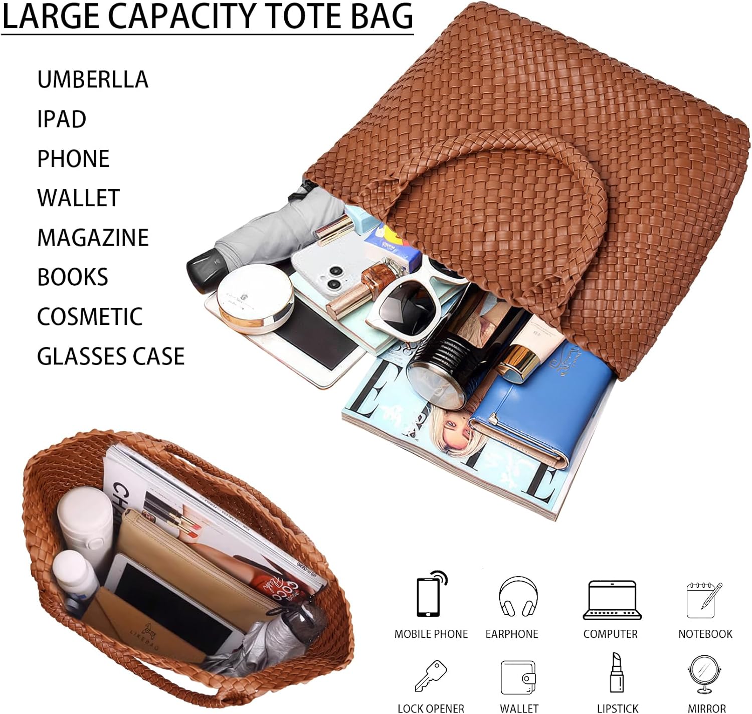 Woven Shoulder Bag for Women, Fashion Top Handle Soft Vegan Leather Shopper - Image 4