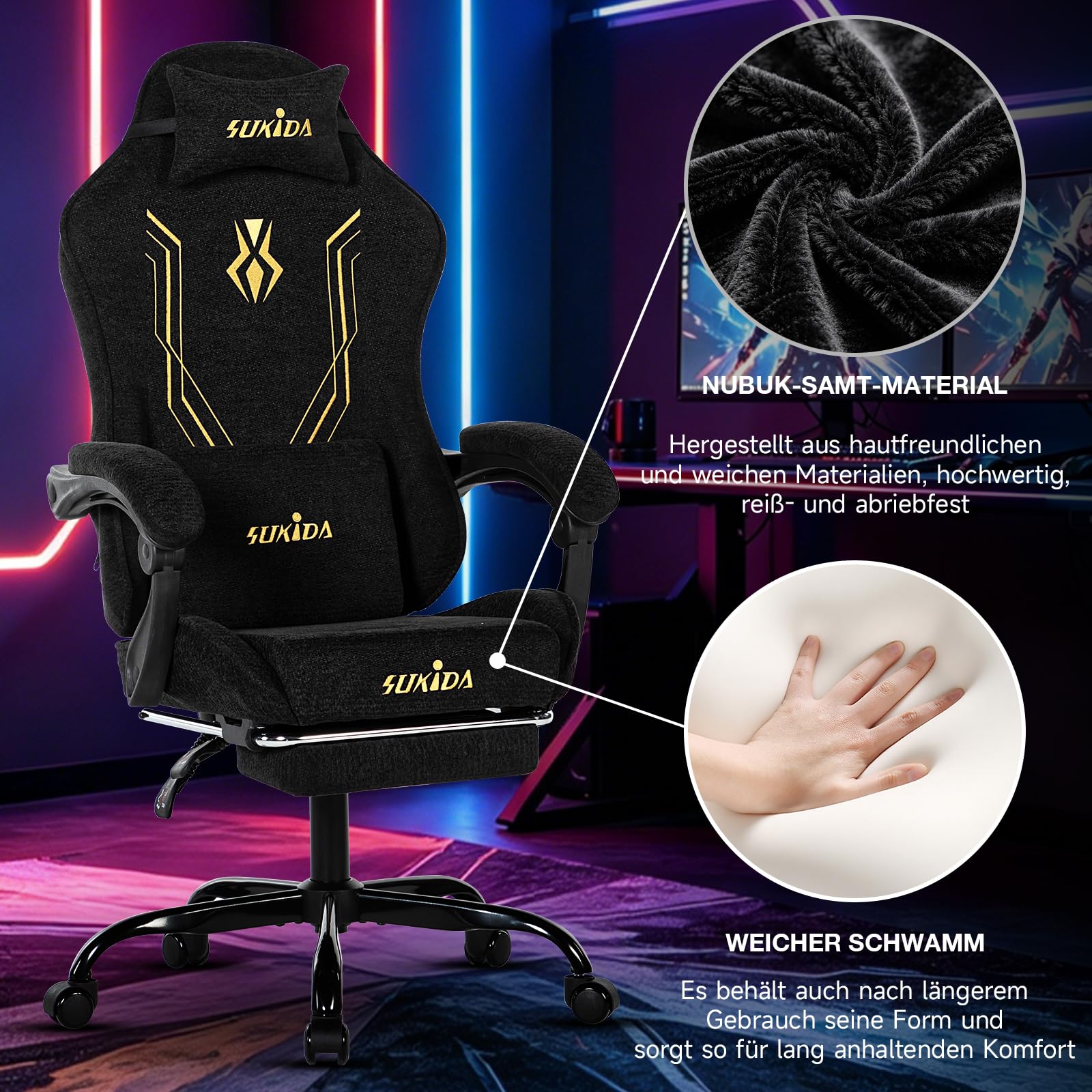 SUKIDA Gaming Stuhl Stoff Ergonomisch, Chenille Gaming Chair mit Fußstütze, Kopfstütze und Lendenkissen, Höhenverstellbarer Schreibtischstuhl mit Atmungsaktivem Stoff, 150 kg,Schwarz