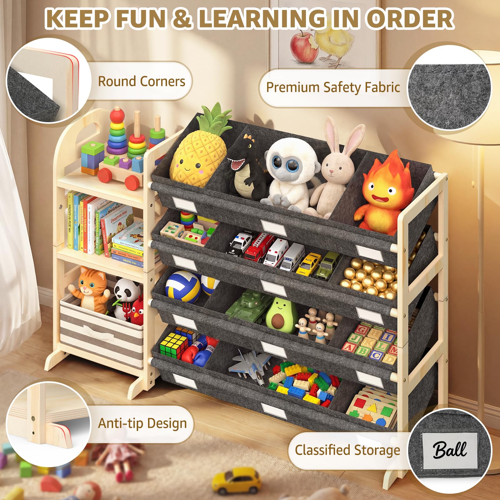 Spielzeug-Organizer mit 6 Ablagen und 12 Behältern, Bücherregal/Bücherregal, Kinder-Mülleimerregal, Spielzeugkiste für Spielzimmer, Organisation für Schlafzimmer und Zimmer