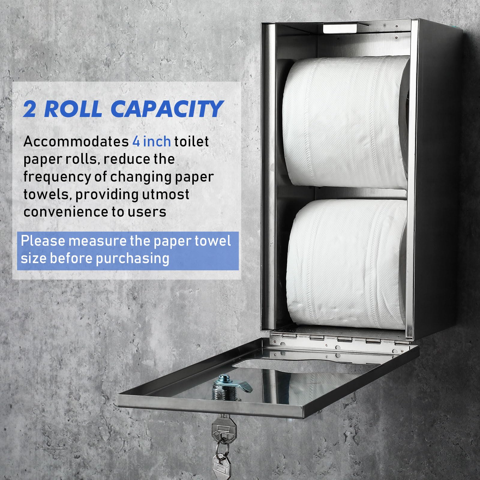 Layhit Dispensador de papel higiénico comercial de doble rollo, soporte de papel higiénico de acero inoxidable, dispensador de papel higiénico comercial resistente con cerradura para centro comercial,