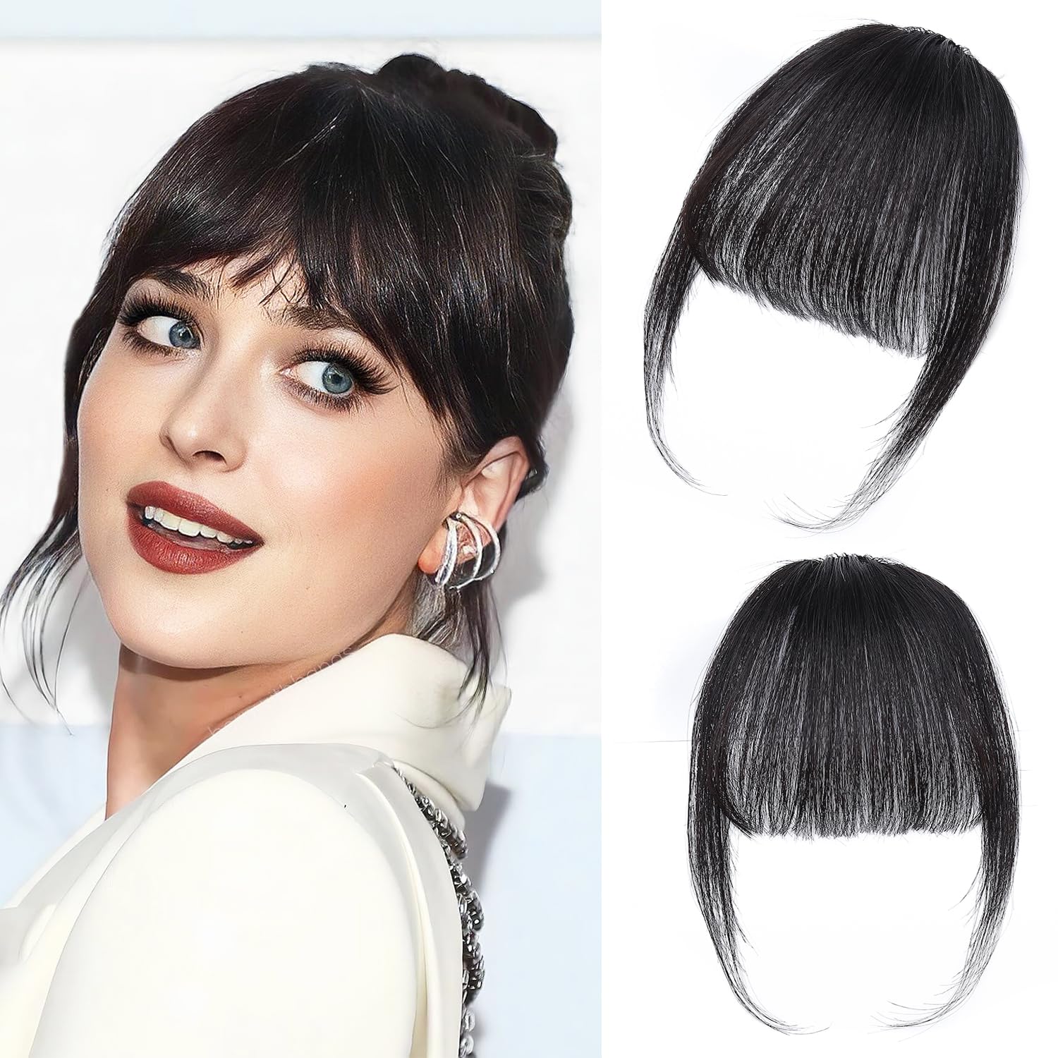 Photo 1 of Leelebamo Clip in Bangs,100% Human Hair Bangs Clip in Hair Extensions (Brown Black, Wispy Bangs)