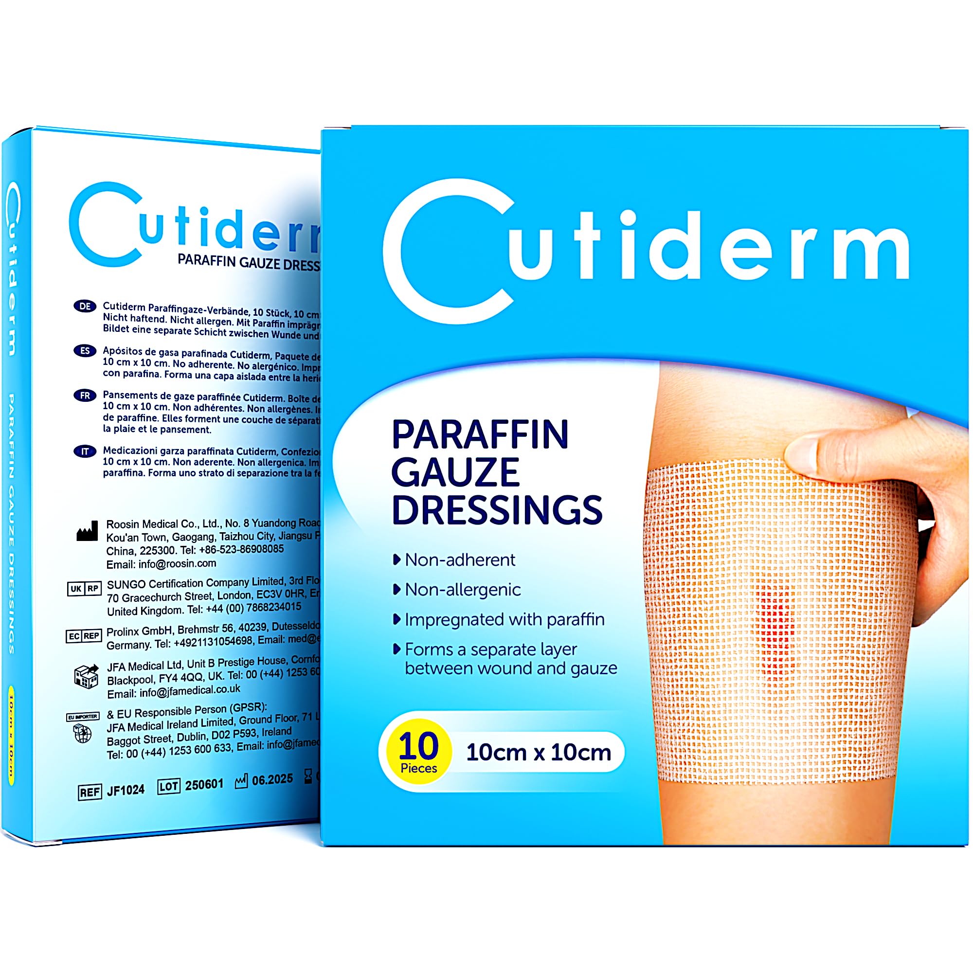 CutidermSterile Paraffin Gauze Dressing 10cm x 10cm Pack of 10 - Suitable for Superficial and Partial Thickness Burns, Skin Loss Wounds, abrasions and Traumatic Injuries