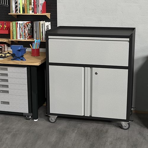 Miniatura 7 de Gabinete de almacenamiento de metal con ruedas, gabinetes de almacenamiento de herramientas rodantes de acero con 1 cajón y 2 puertas, gabinetes de