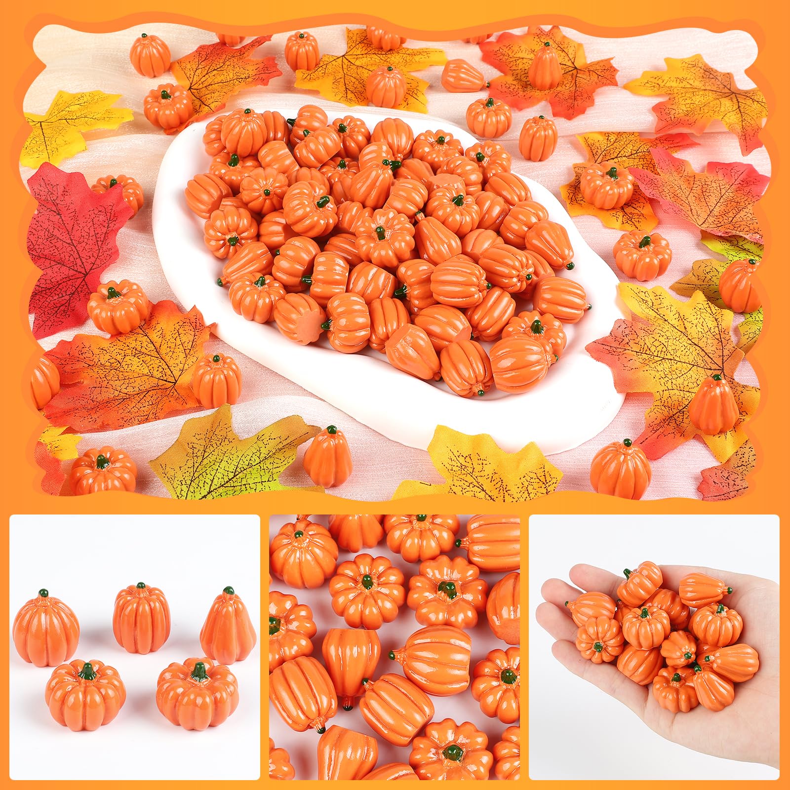 YiYa 90Pcs Mini Pumpkin Decorations Fall Harvest Mini Pumpkins Miniature Resin Pumpkins for DIY Vase FillerThanksgiving Fall Home Wedding Decor (Orange) - Image 3