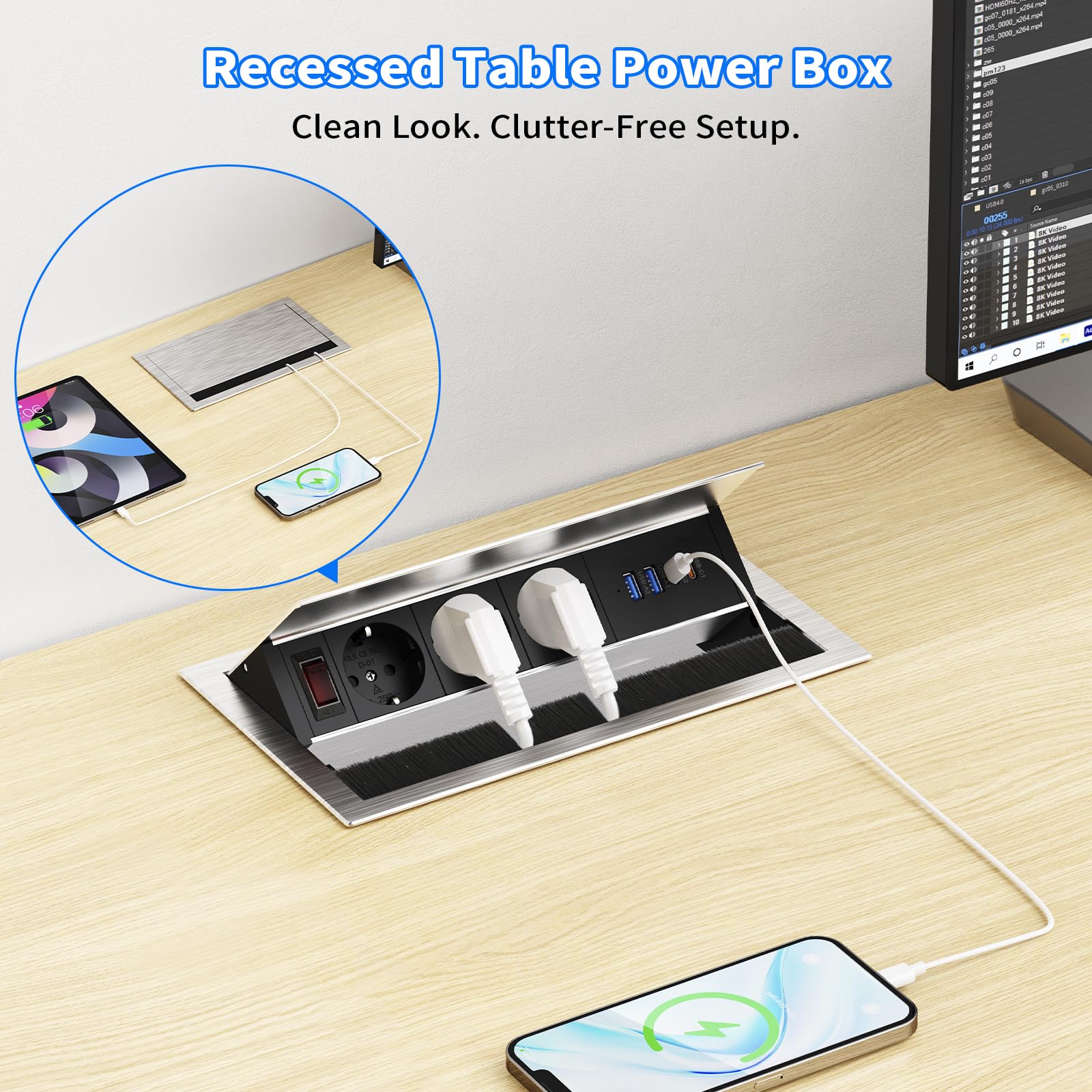 Wysuwane gniazdko z aluminium z USB-C PD 30 W, gniazdko do zabudowy z 3 gniazdami i 4 portami USB, wpuszczane gniazdko na biurko i do kuchni, regulowany kąt, kabel 1,8 m, kolor srebrny