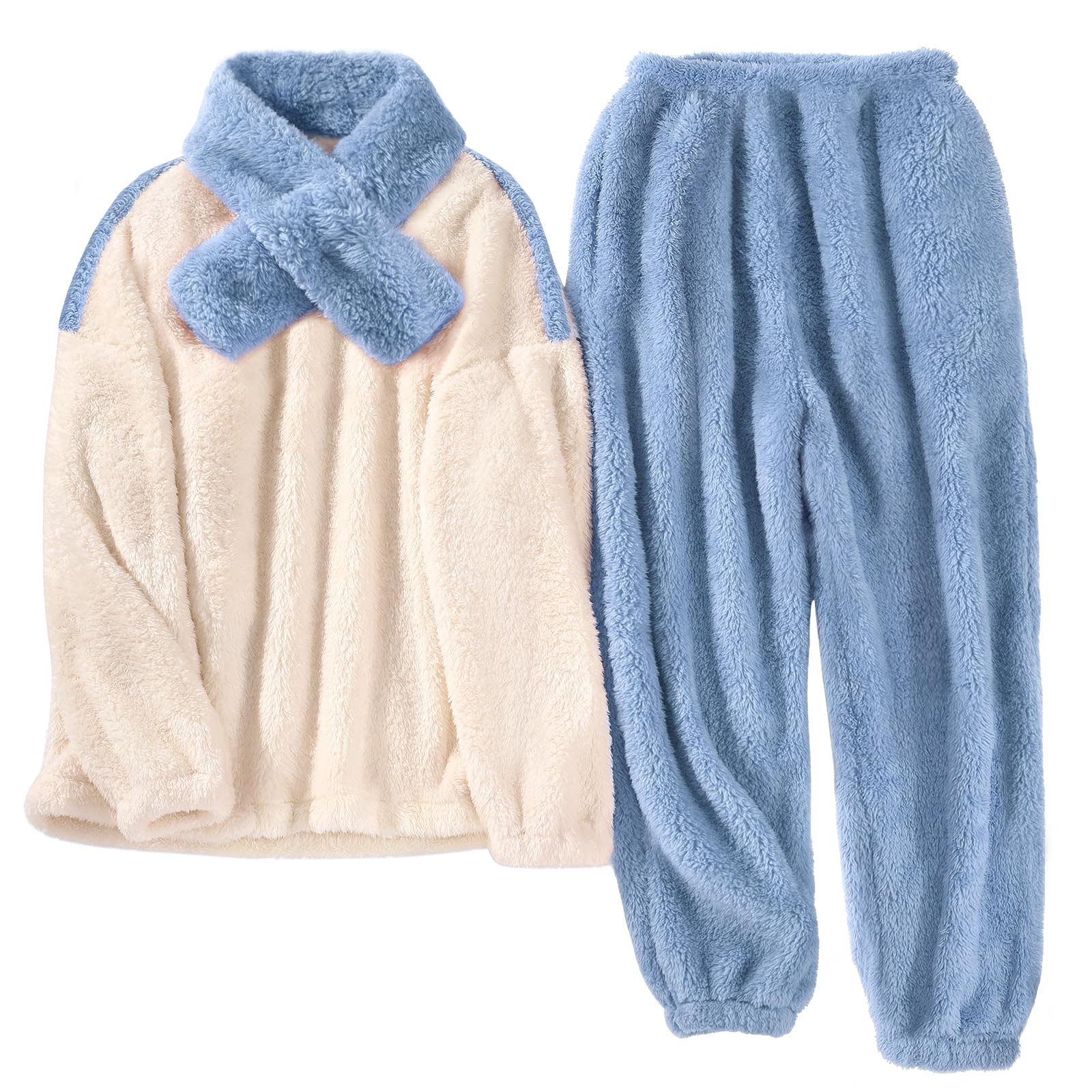 RITOSTA Pigiama Donna Invernale Felpato Pigiama Invernale in Pile Morbido Pigiami Stitch Lungo Pigiama Natalizio Tuta Termica Due Pezzi da Donna con Felpa Pile,Sciarpa,Pantalone