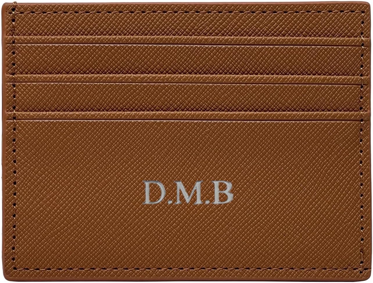 Custom Gold Silver Letters Brick Saffiano Personalisa Credit Card Holder Wallet, PU Leather Ultra Slim Wallet, Thin Minimalist Credit Card Case, Front Pocket Wallets for Men, Women (brown)