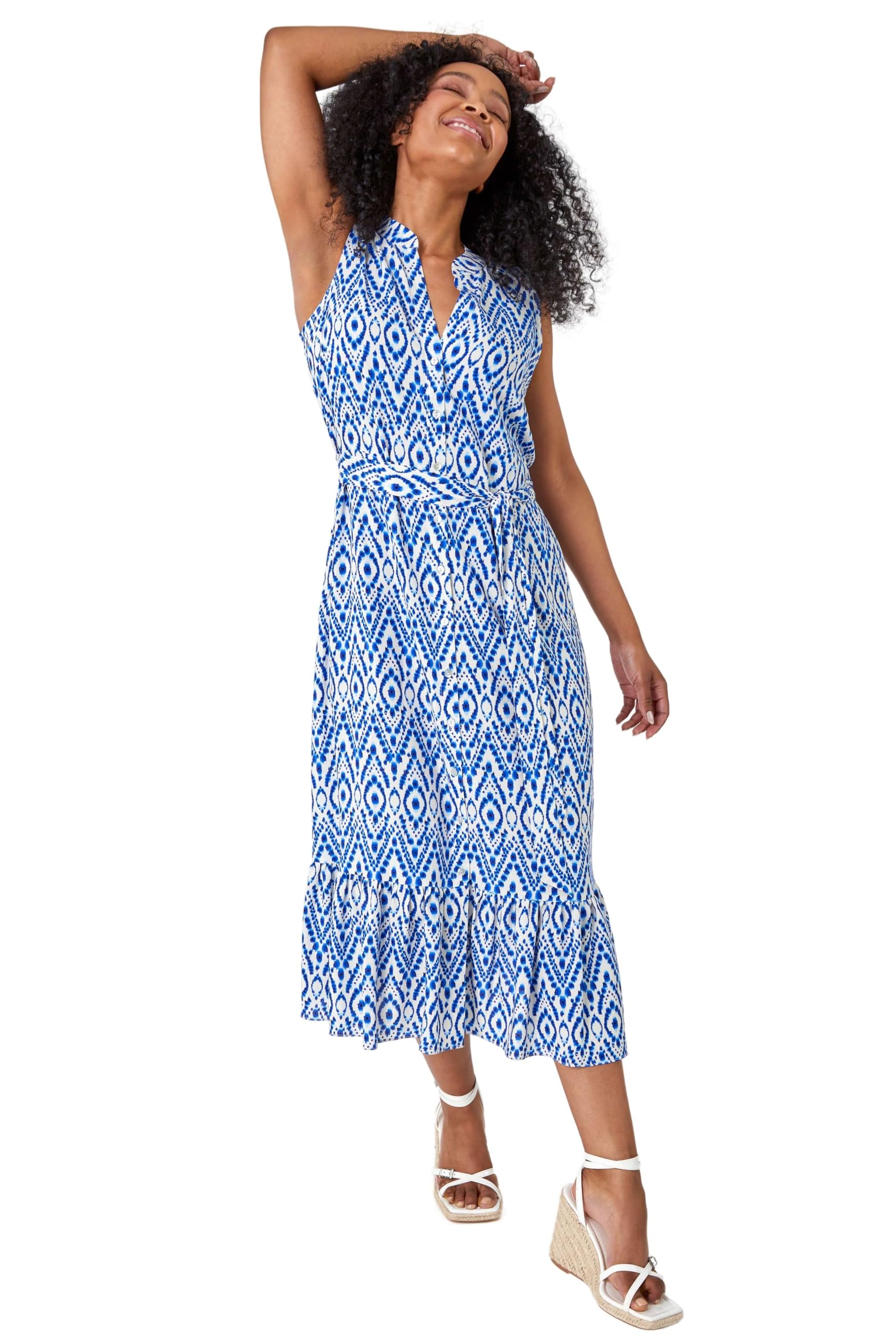 Roman Originals Women's Blue Roman Petite Aztec Print Frill Shirt Dress For Uk - Everyday Holiday Spring Summer Notch Neckline Comfy Soft Evening Vacation Work Party - Size 18